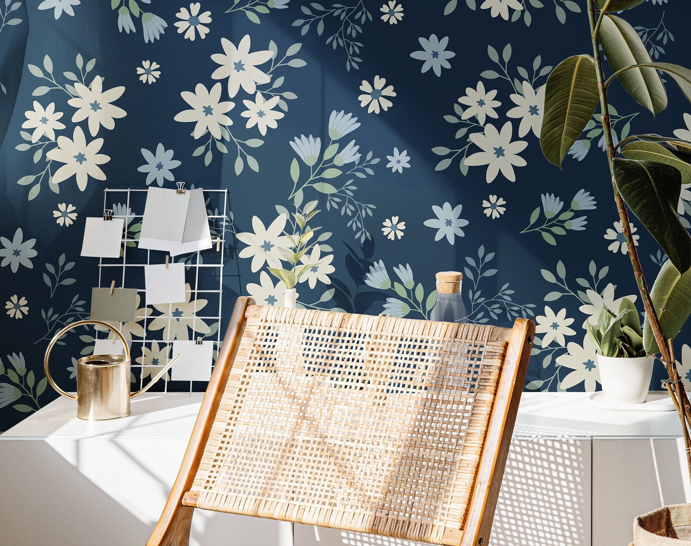 Wallpaper Peel and Stick Wallpaper Dark Blue Floral Garden Cream Flowers Removable Wallpaper Wall Decor Home Decor Wall Art Room Decor 469
