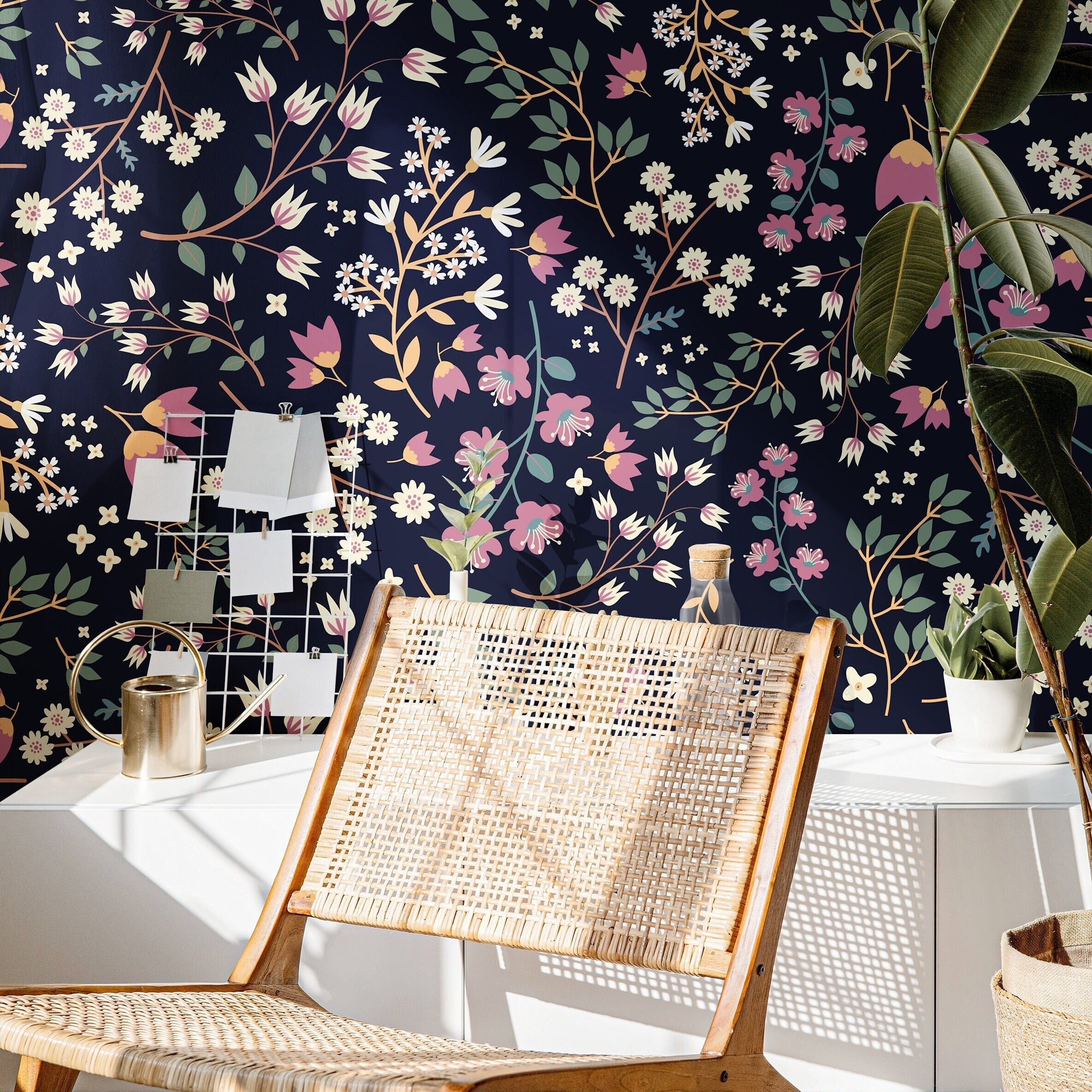 Wallpaper Peel and Stick Wallpaper Midnight Floral Garden Pink White Removable Wallpaper Wall Decor Home Decor Wall Art Room Decor 465