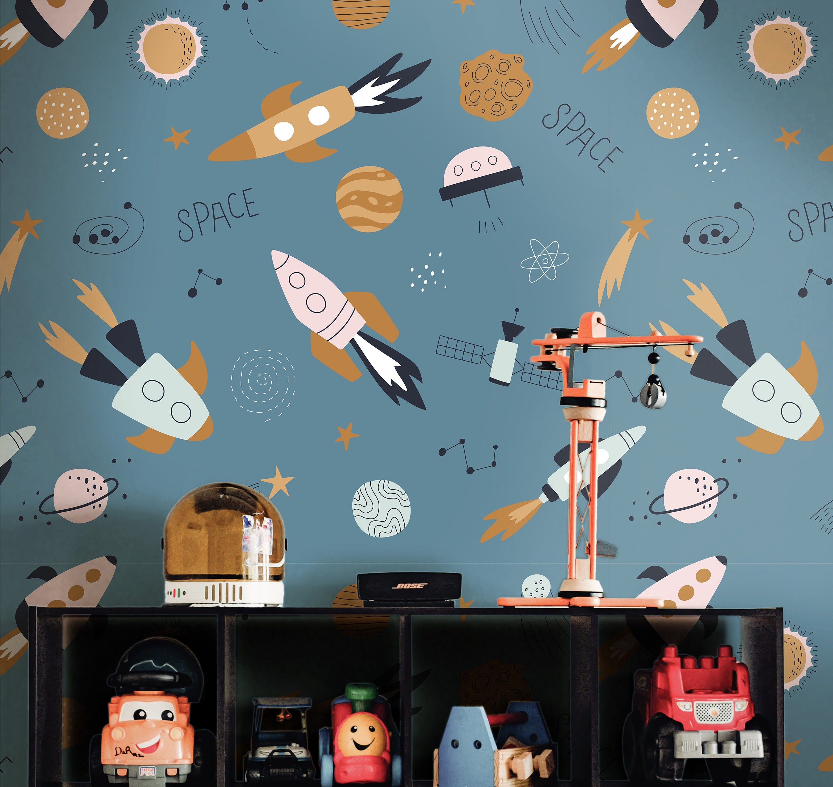 Removable Blue Space Rockets Vintage| Boys Nursery Wallpaper | Kids Wallpaper | Childrens Wallpaper | Peel Stick Wallpaper | Boys Room | 454 - James And Colors