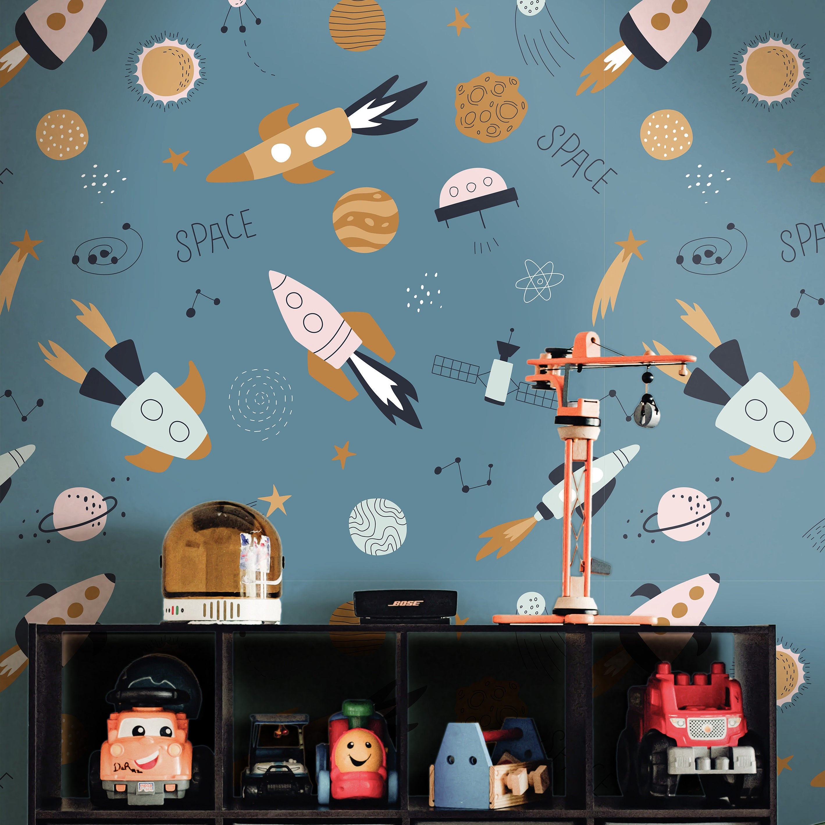 Removable Blue Space Rockets Vintage| Boys Nursery Wallpaper | Kids Wallpaper | Childrens Wallpaper | Peel Stick Wallpaper | Boys Room | 454 - James And Colors