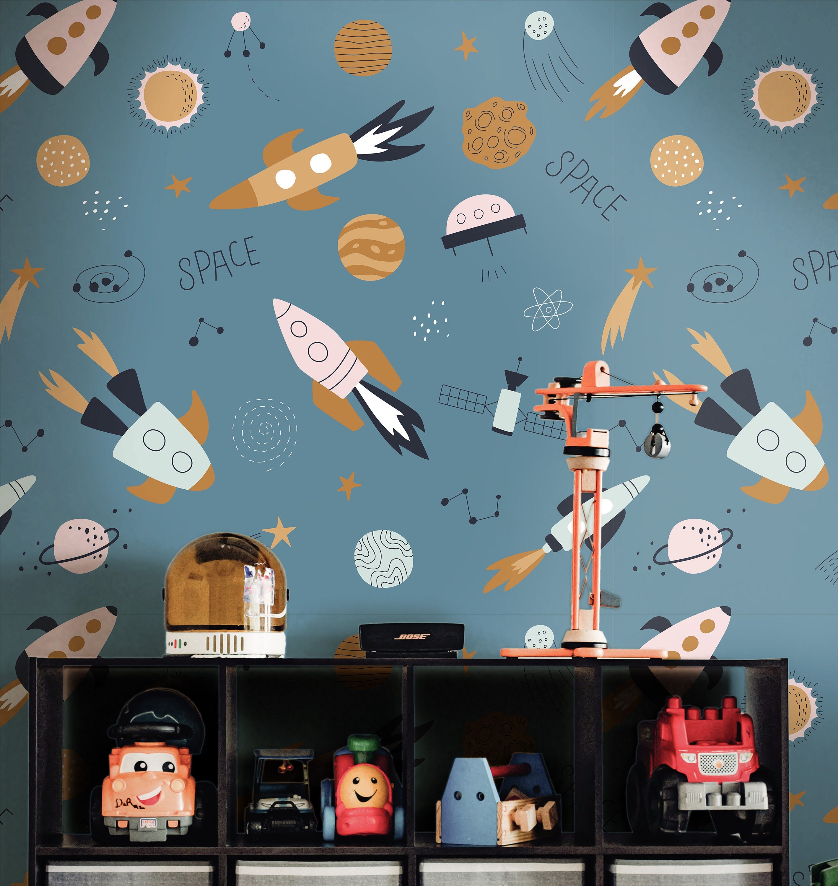 Removable Blue Space Rockets Vintage| Boys Nursery Wallpaper | Kids Wallpaper | Childrens Wallpaper | Peel Stick Wallpaper | Boys Room | 454 - James And Colors
