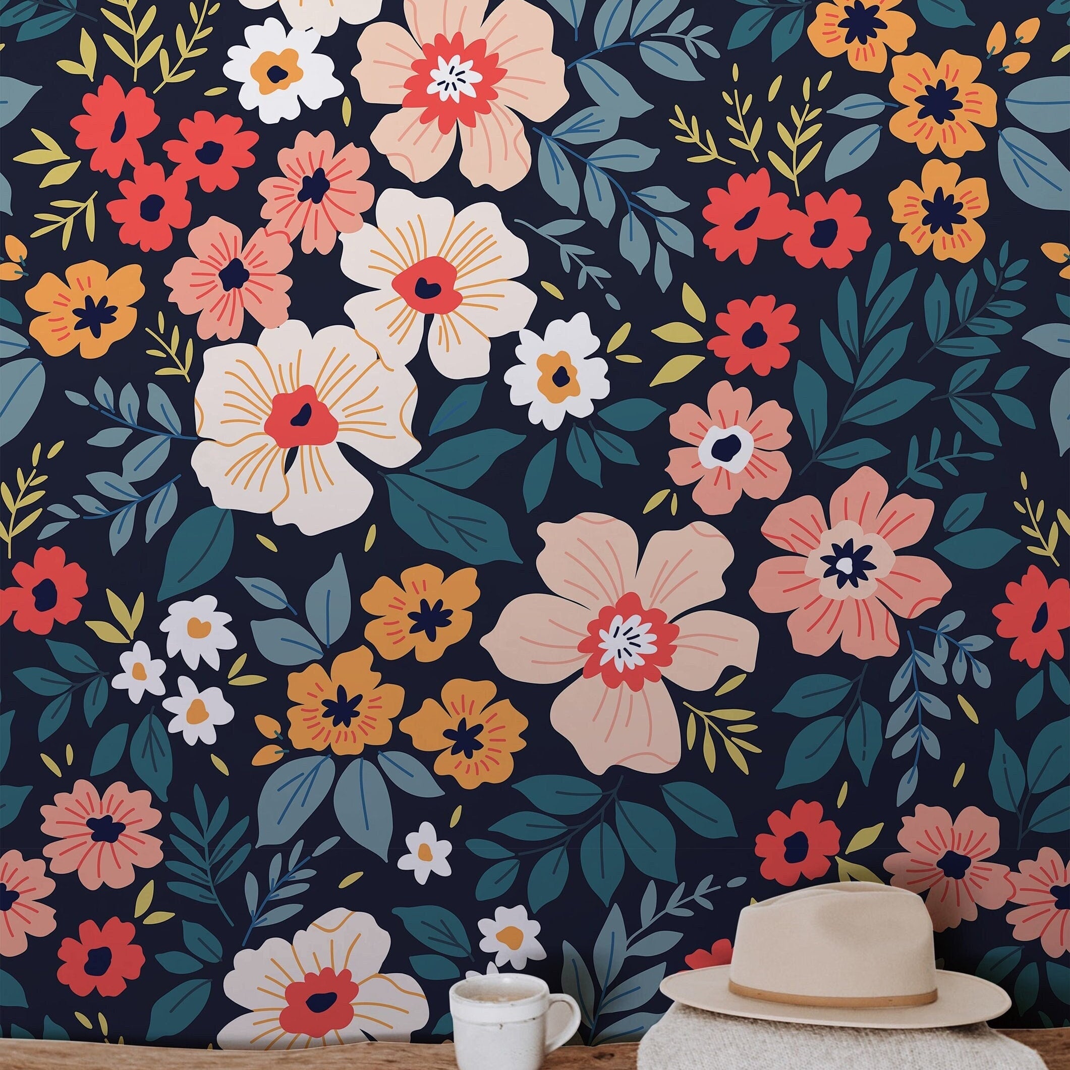 Dark Floral Wallpaper Peel and Stick Wallpaper Removable Wallpaper Wall Decor Home Decor Wall Art Printable Wall Art Room Decor 431