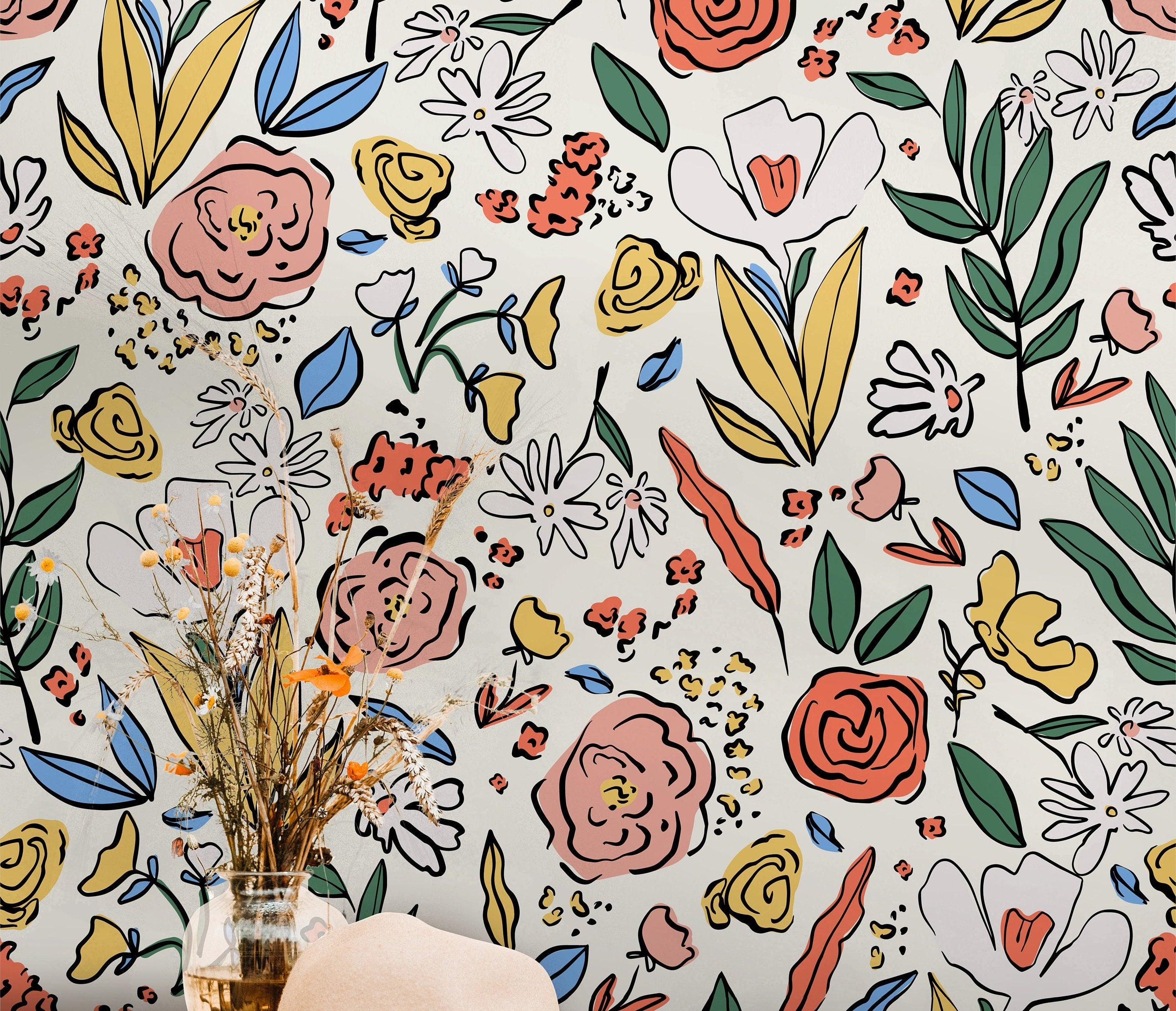 Colorful Floral Wallpaper Peel and Stick Wallpaper Removable Wallpaper Wall Decor Home Decor Wall Art Printable Wall Art Room Decor 350