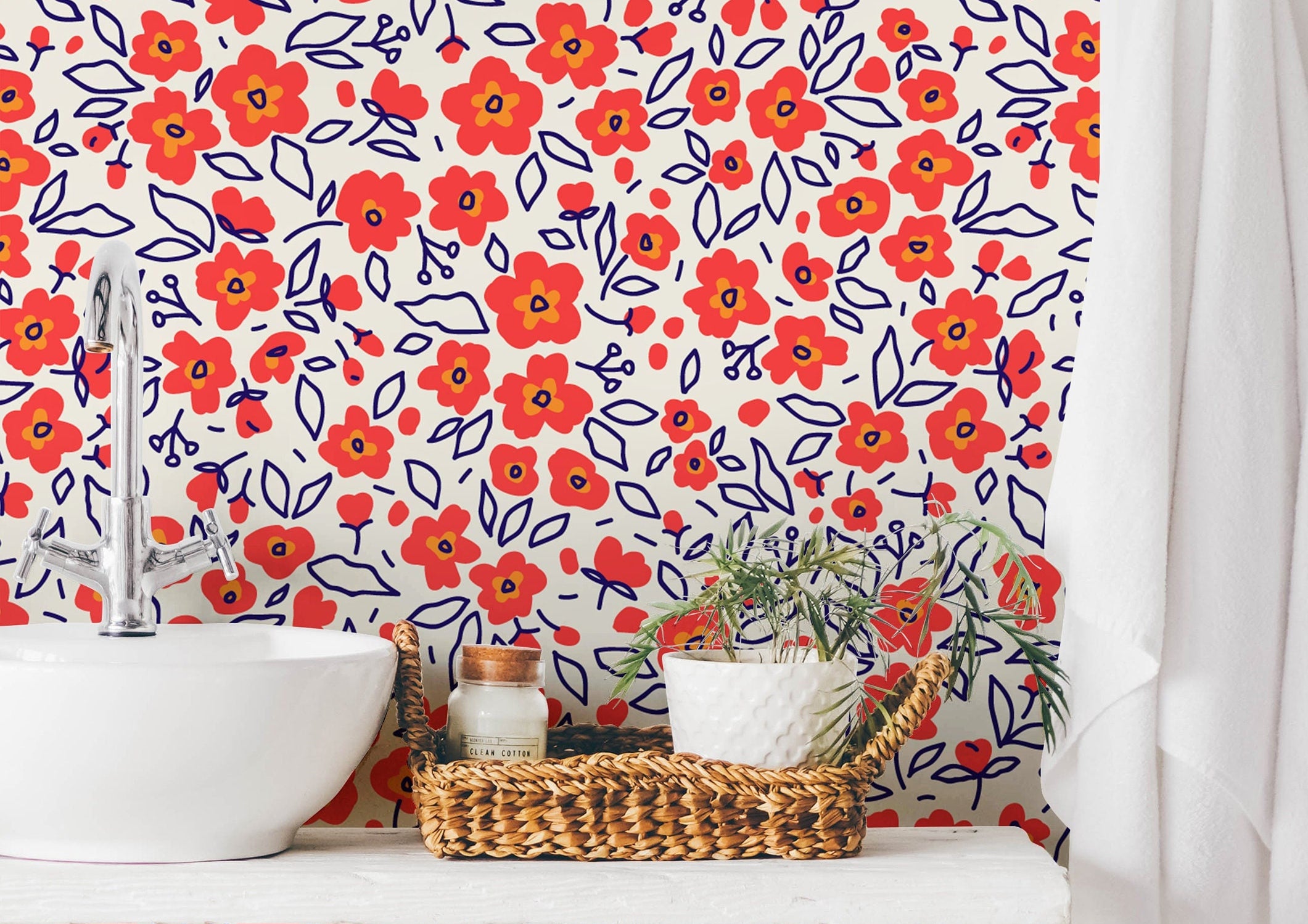 Wallpaper Peel and Stick Wallpaper Red Wildflower Floral Removable Wallpaper Wall Decor Home Decor Wall Art Room Decor 435
