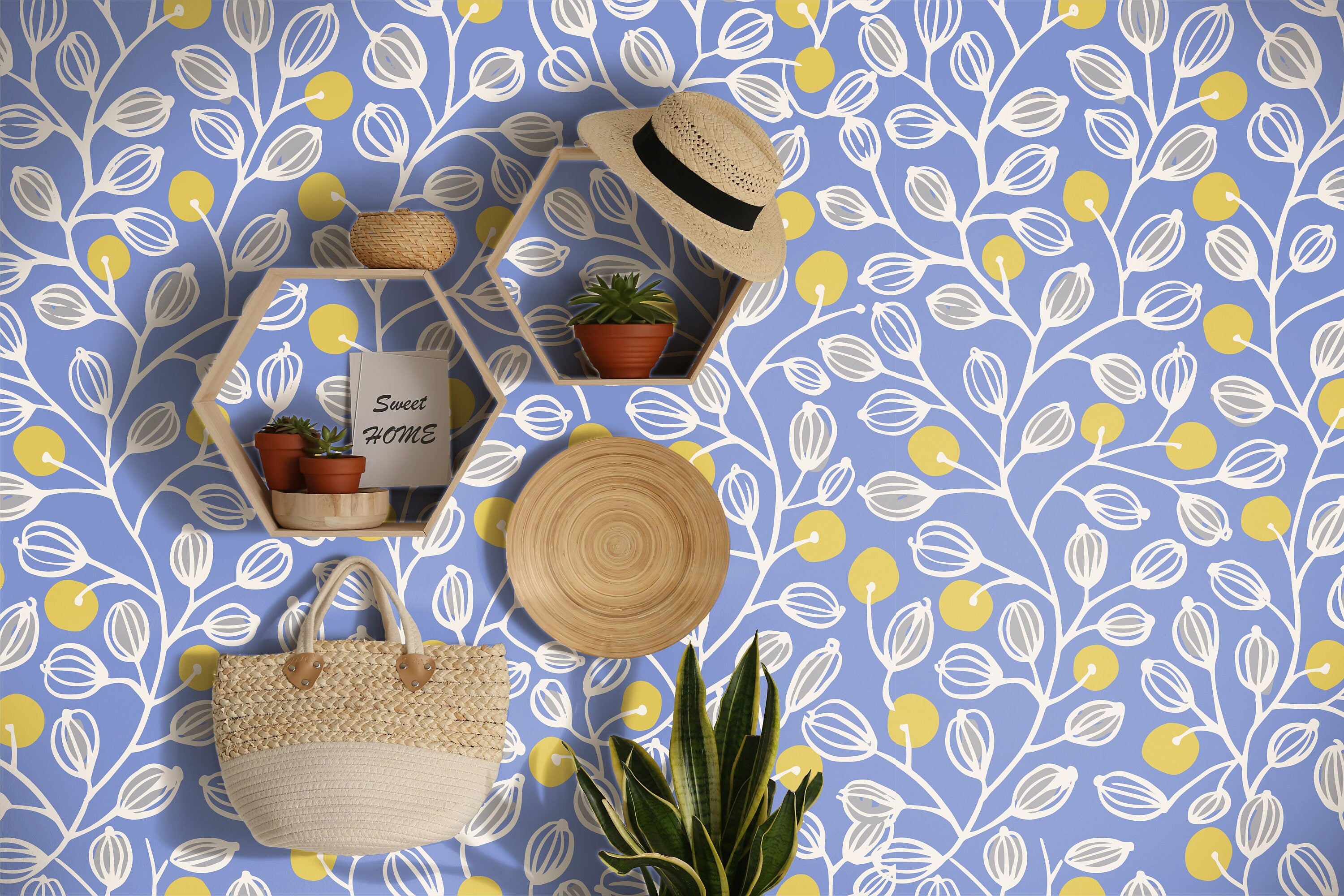 Wallpaper Peel and Stick Wallpaper Blue Yellow Floral Boho Leaves Removable Wallpaper Wall Decor Home Decor Wall Art Room Decor 456