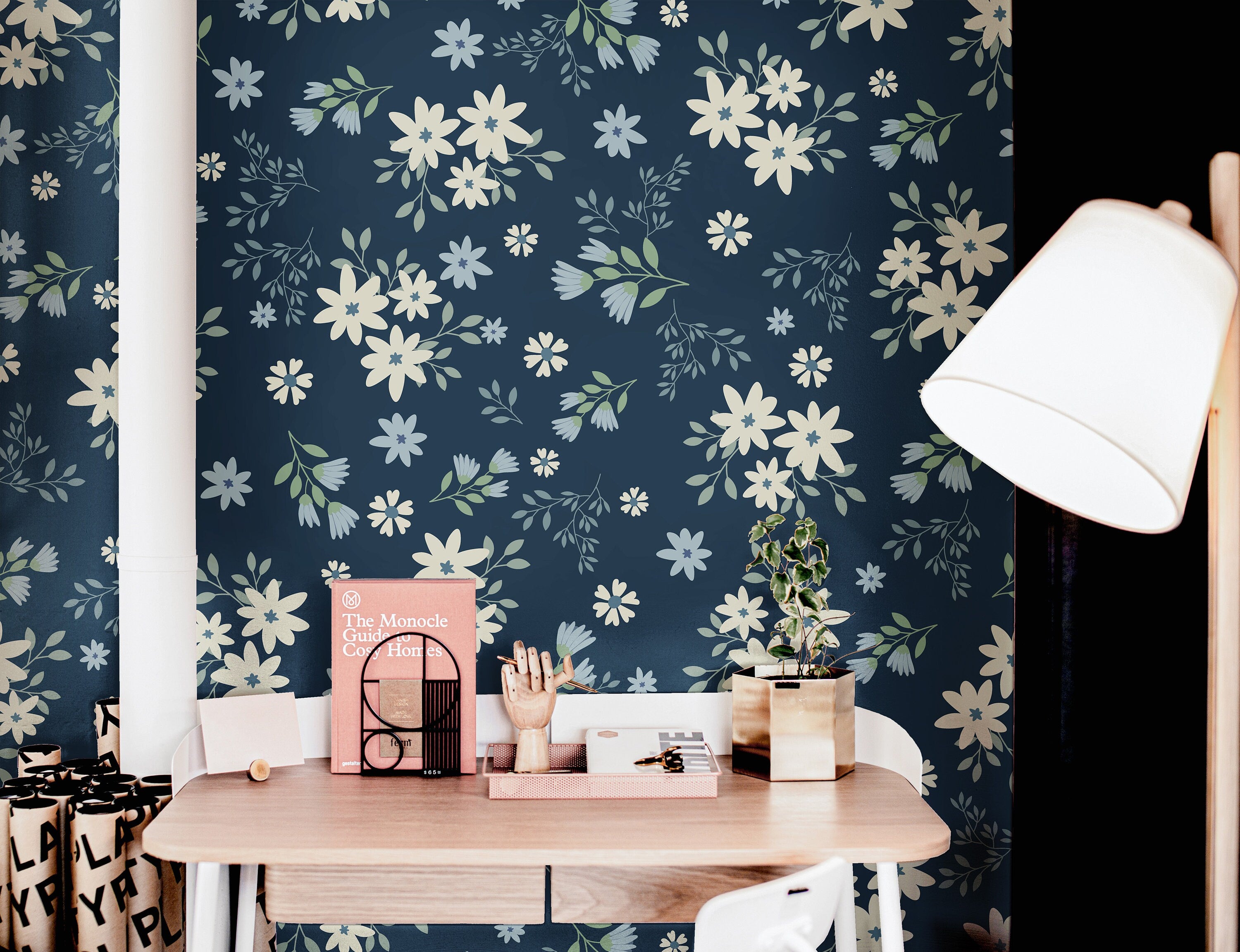 Wallpaper Peel and Stick Wallpaper Dark Blue Floral Garden Cream Flowers Removable Wallpaper Wall Decor Home Decor Wall Art Room Decor 469