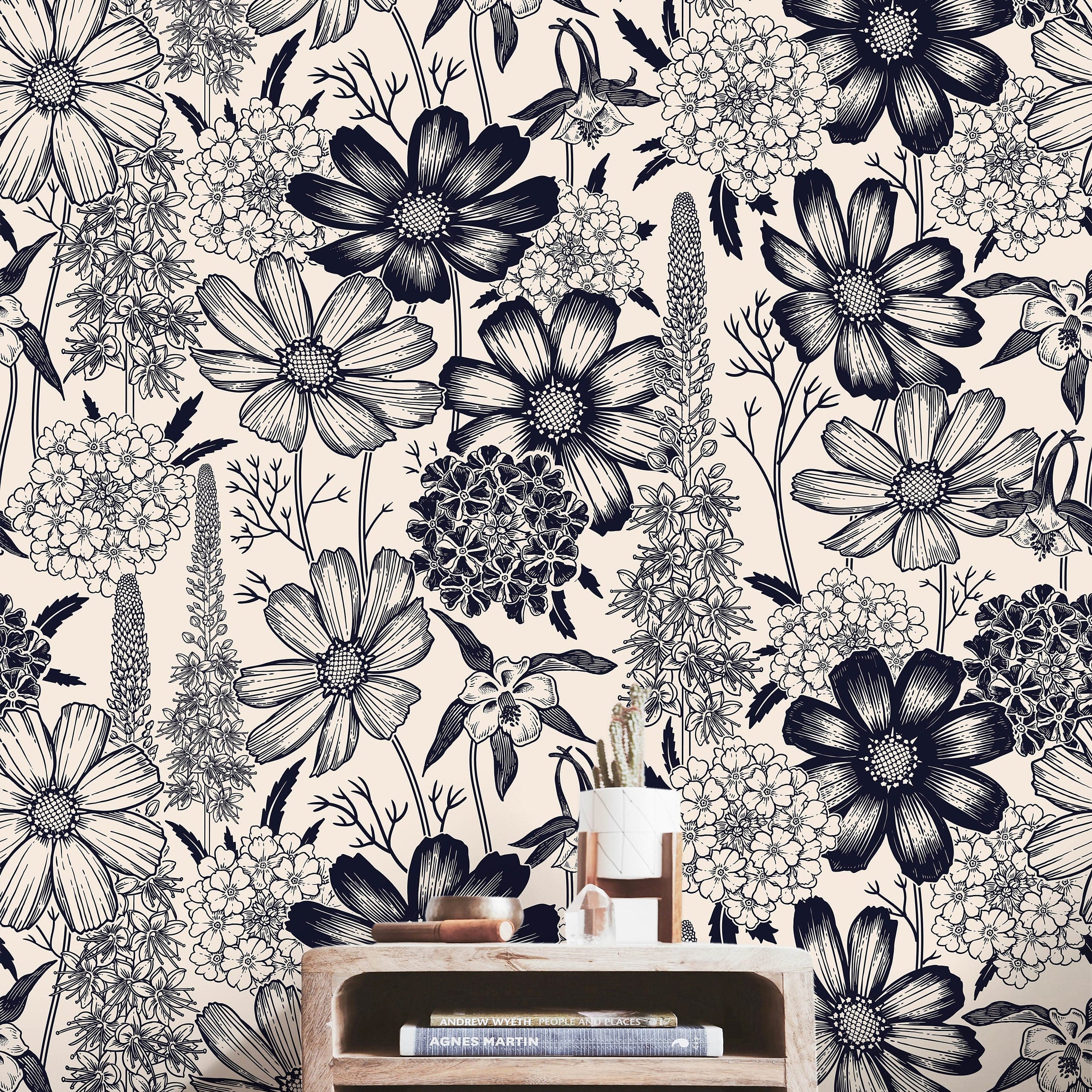 Wallpaper Peel and Stick Wallpaper Dark Blue Floral Vintage Cream Removable Wallpaper Wall Decor Home Decor Wall Art Room Decor 466