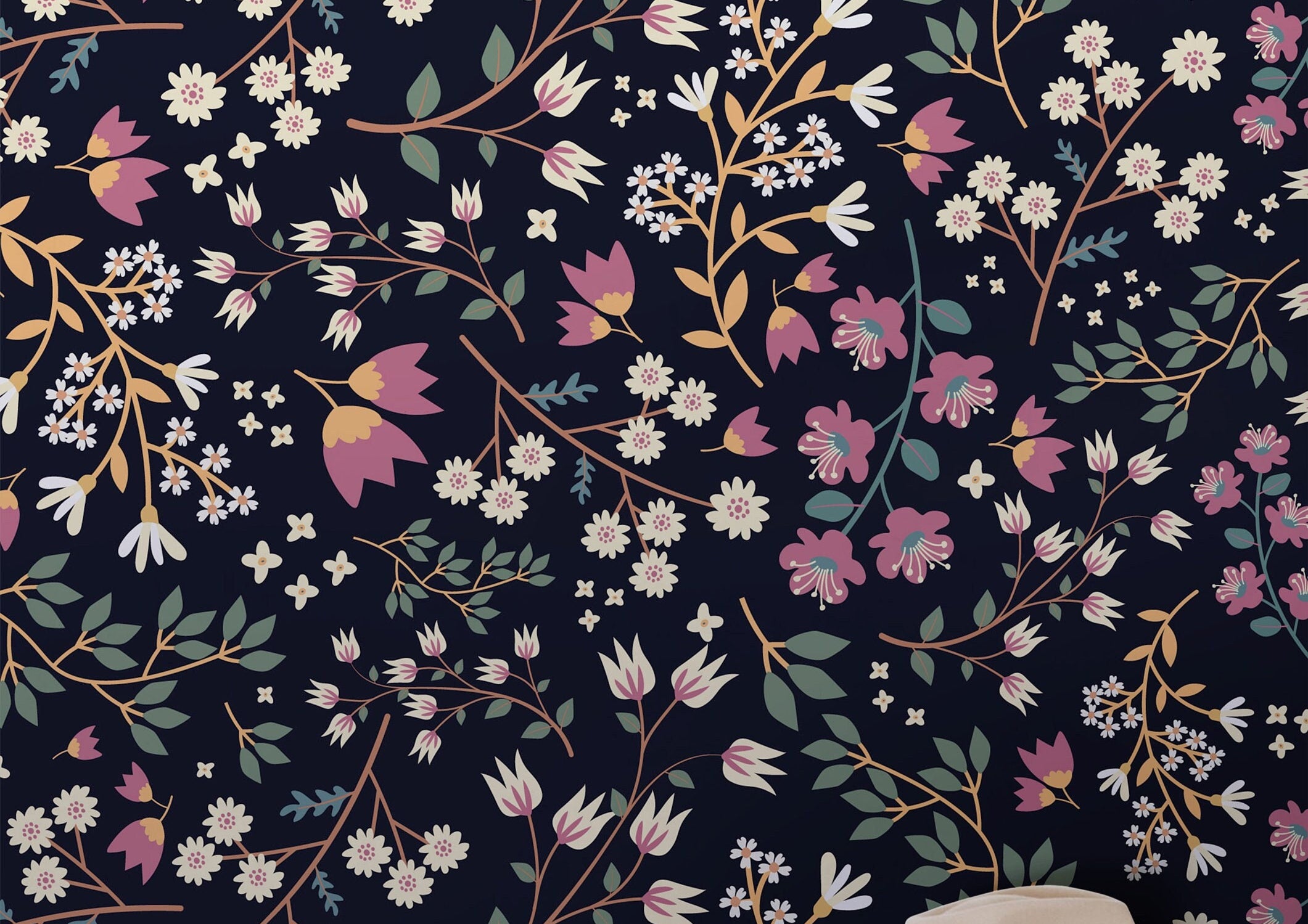 Wallpaper Peel and Stick Wallpaper Midnight Floral Garden Pink White Removable Wallpaper Wall Decor Home Decor Wall Art Room Decor 465