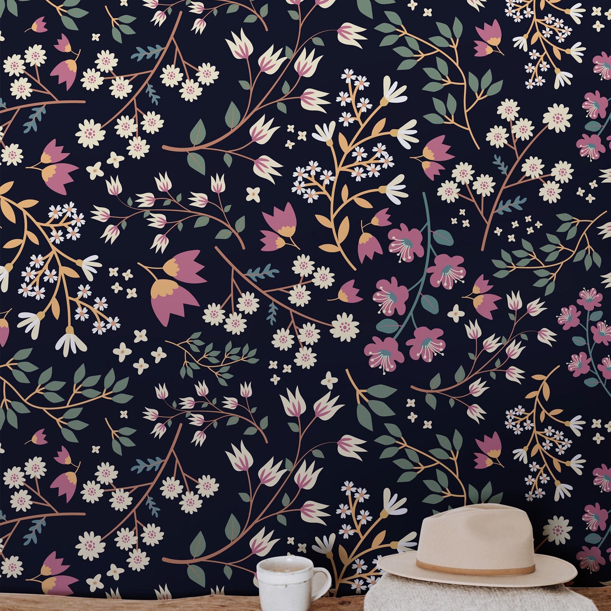 Wallpaper Peel and Stick Wallpaper Midnight Floral Garden Pink White Removable Wallpaper Wall Decor Home Decor Wall Art Room Decor 465