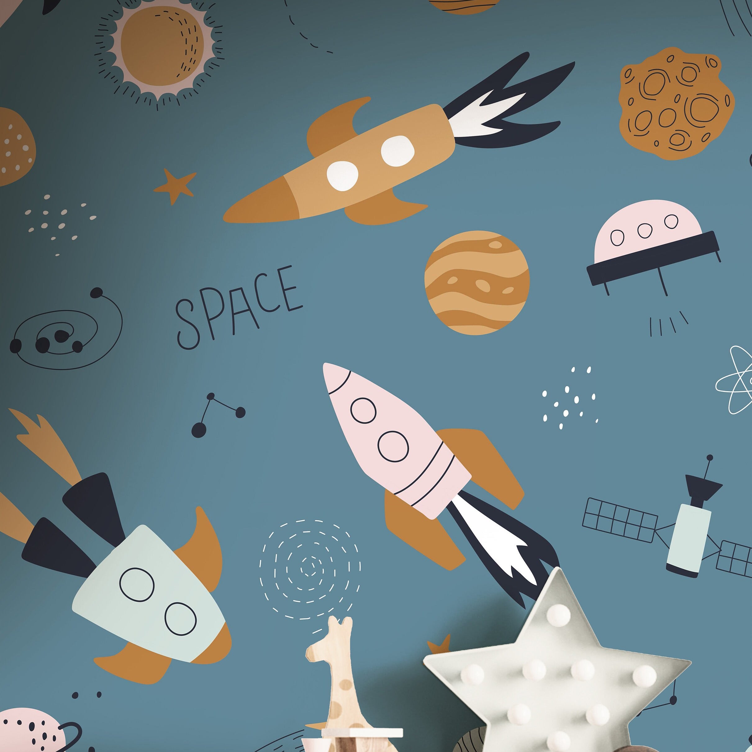 Removable Blue Space Rockets Vintage| Boys Nursery Wallpaper | Kids Wallpaper | Childrens Wallpaper | Peel Stick Wallpaper | Boys Room | 454 - James And Colors