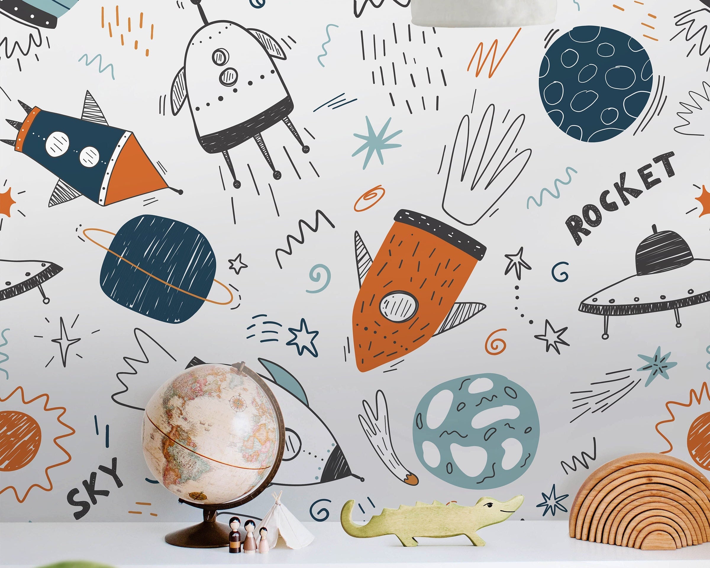 Removable Space Rockets Vintage| Boys Nursery Wallpaper | Kids Wallpaper | Childrens Wallpaper | Peel Stick Wallpaper | Boys Room | 515 - James And Colors