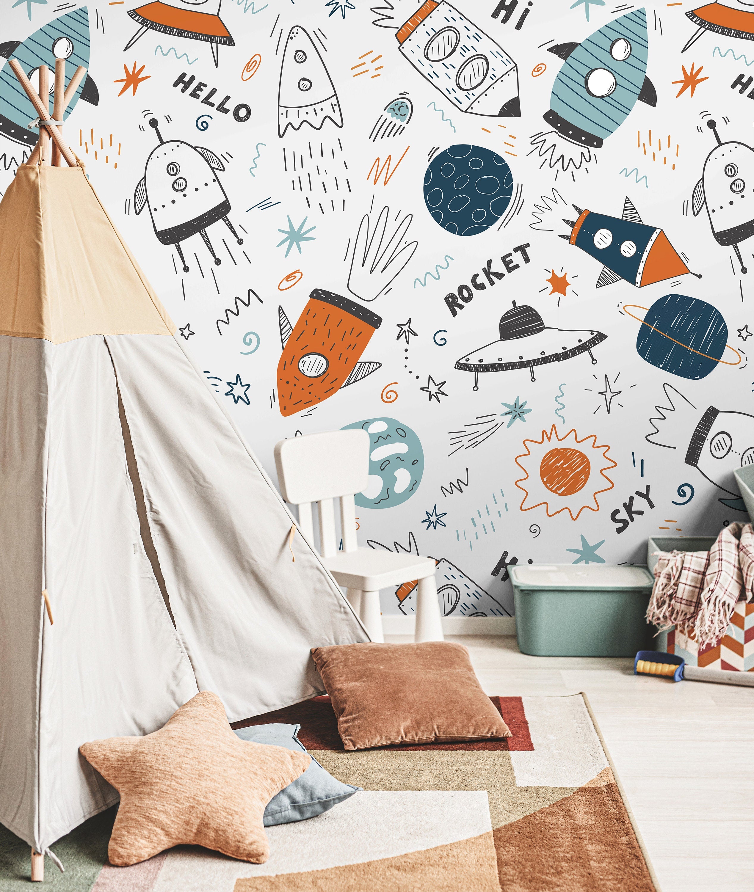 Removable Space Rockets Vintage| Boys Nursery Wallpaper | Kids Wallpaper | Childrens Wallpaper | Peel Stick Wallpaper | Boys Room | 515 - James And Colors