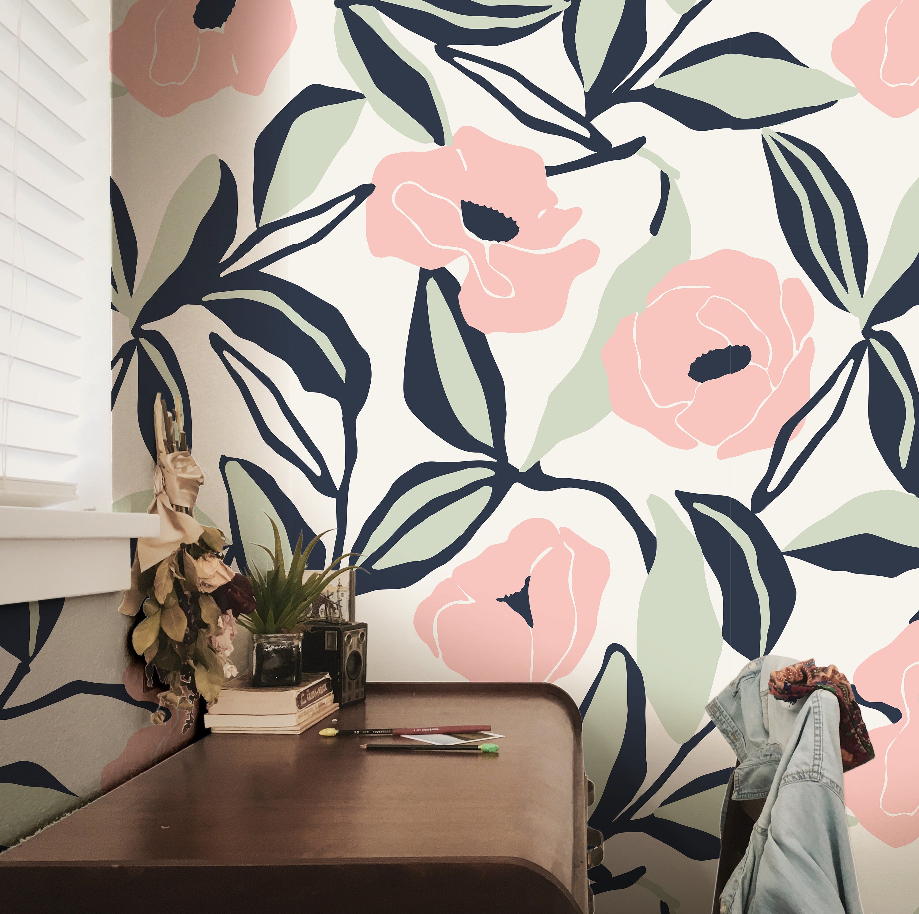 Wallpaper Peel and Stick Wallpaper Large Pink Floral Vintage Removable