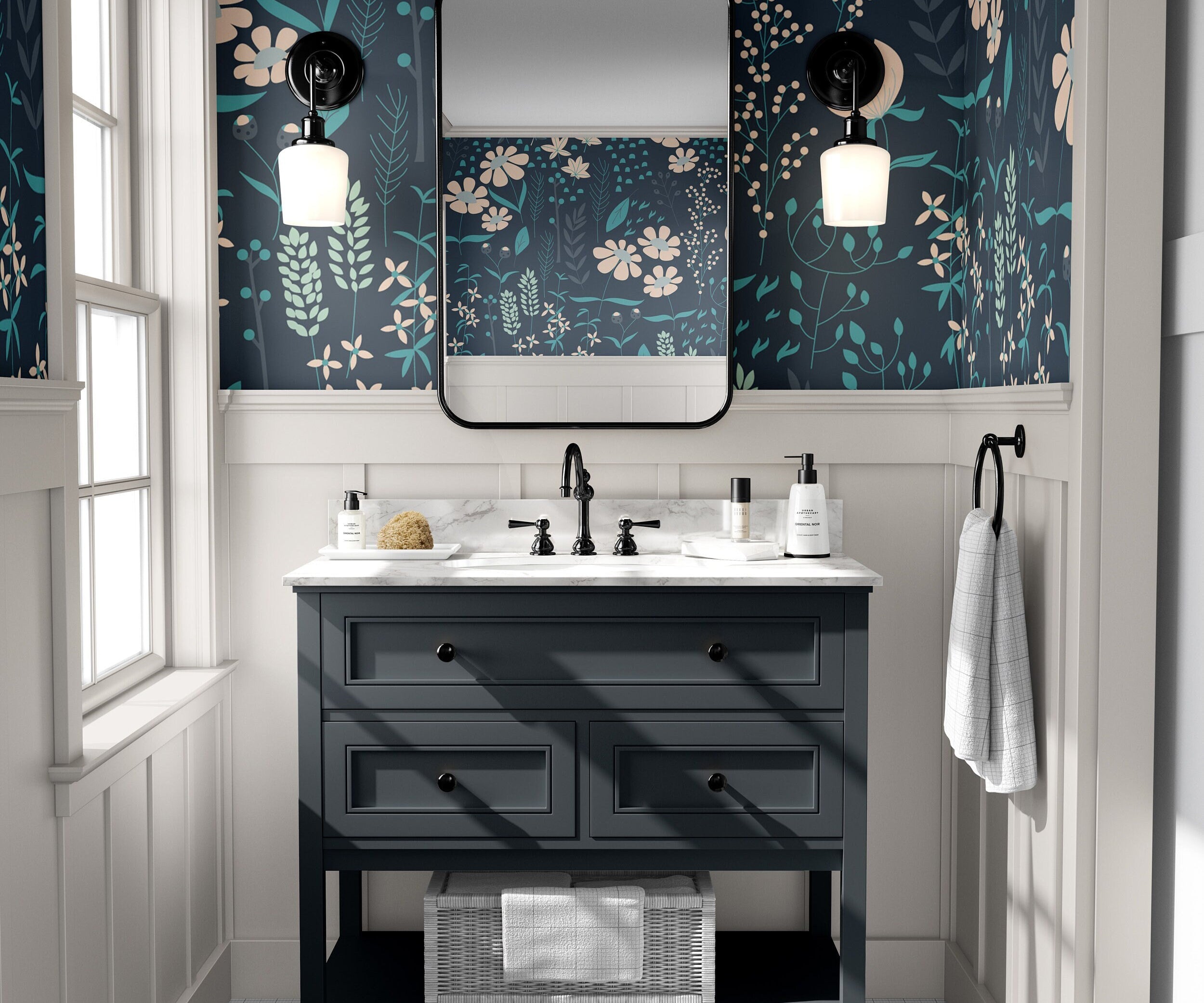 Wallpaper Peel and Stick Wallpaper Dark Blue Floral Garden Cream Flowers Removable Wallpaper Wall Decor Home Decor Wall Art Room Decor 460