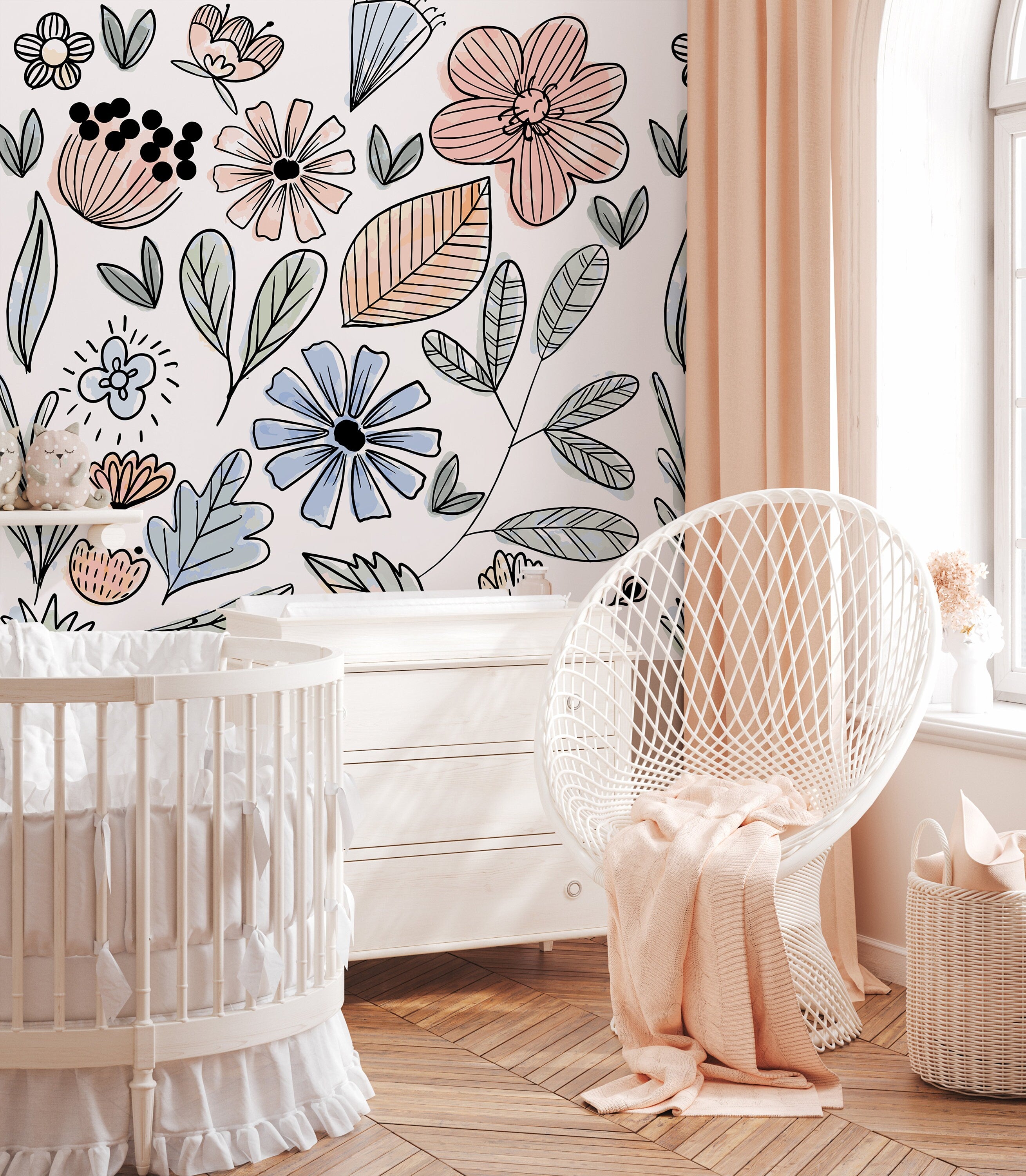 Watercolor Floral Wallpaper | Girls Nursery Wallpaper | Kids Wallpaper | Childrens Wallpaper | Peel Stick Removable Wallpaper | 498