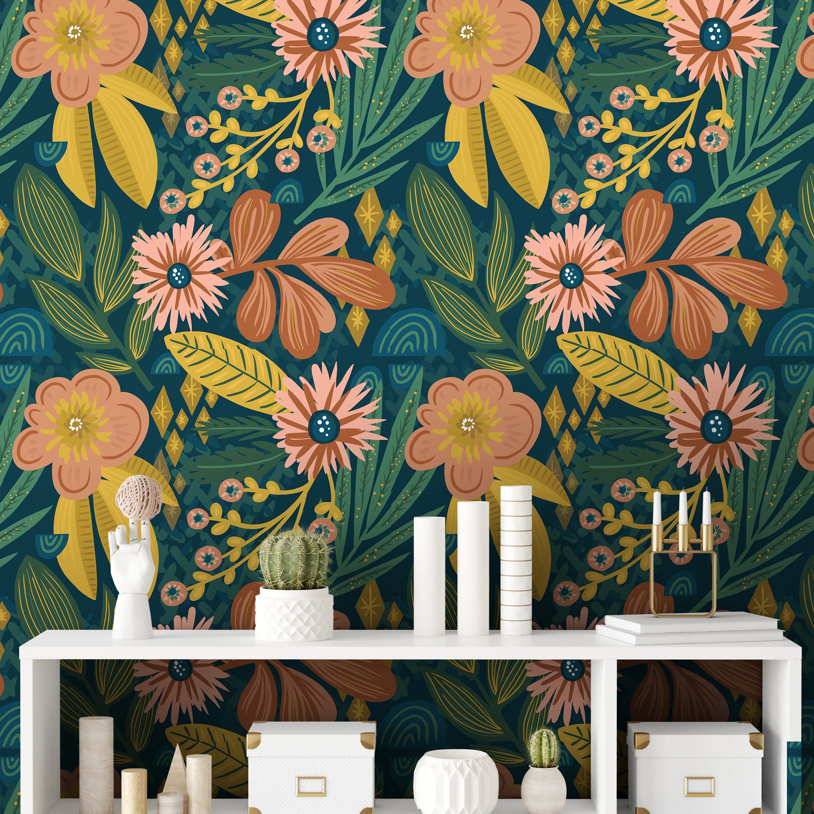 Dark Tropical Floral Wallpaper Peel and Stick Wallpaper Removable Wallpaper Wall Decor Home Decor Wall Art Printable Wall Art Room Decor 524