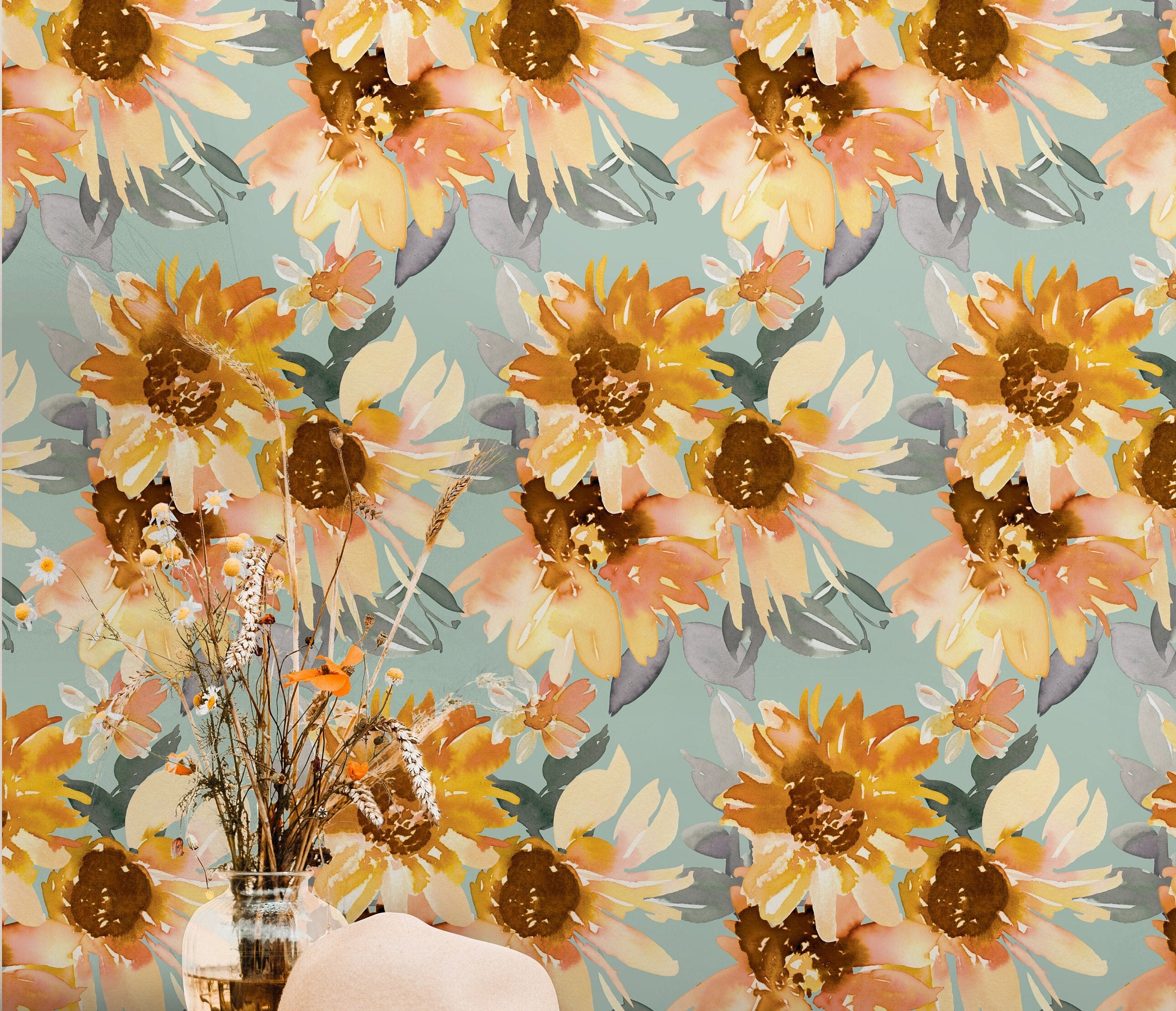 Sunflower Floral Wallpaper Peel and Stick Wallpaper Removable Wallpaper Wall Decor Home Decor Wall Art Printable Wall Art Room Decor 525