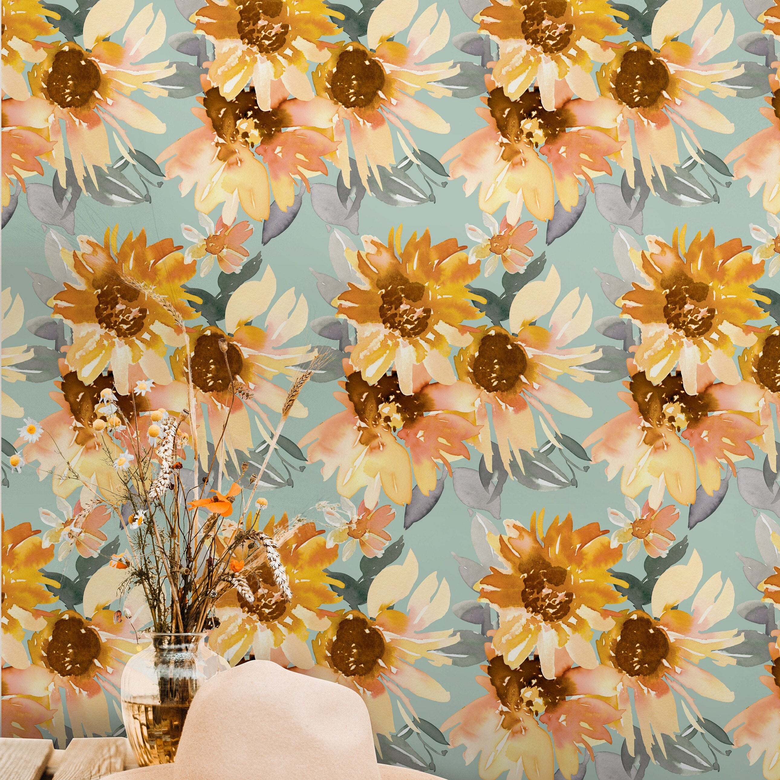 Sunflower Floral Wallpaper Peel and Stick Wallpaper Removable Wallpaper Wall Decor Home Decor Wall Art Printable Wall Art Room Decor 525