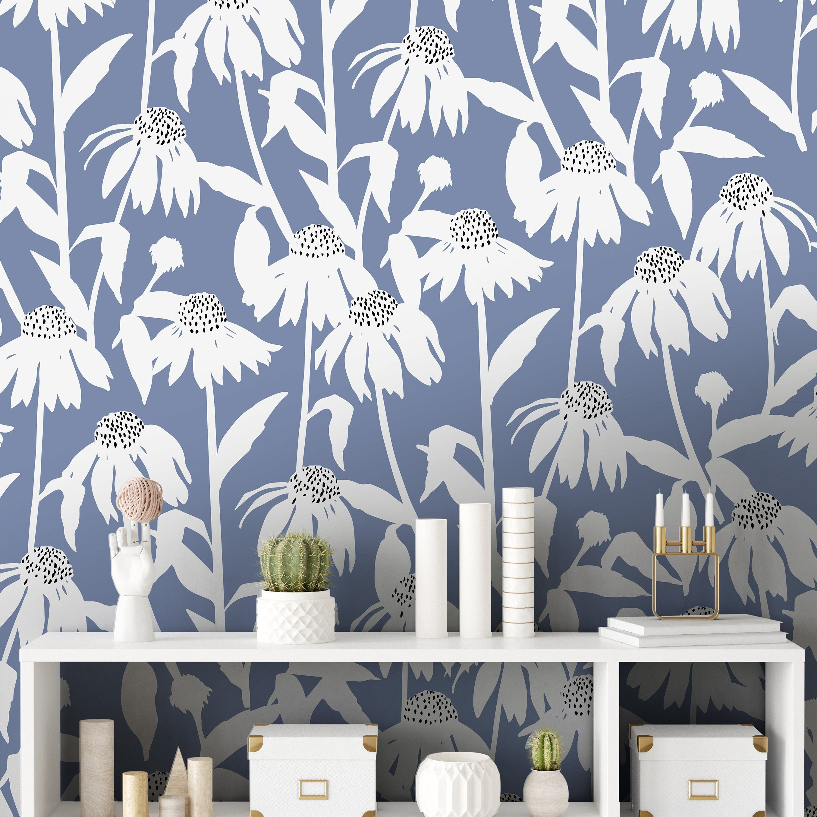 Wallpaper Peel and Stick Wallpaper Blue White Daisy Floral Removable Wallpaper Wall Decor Home Decor Wall Art Room Decor 511