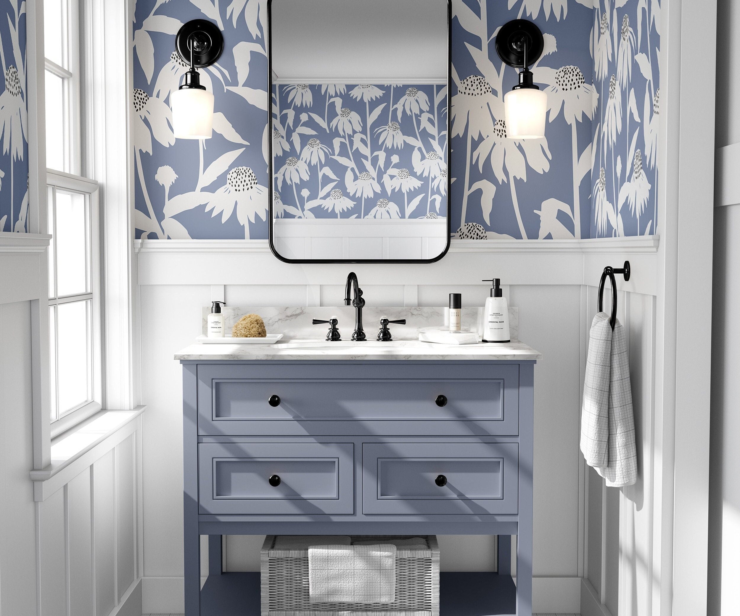 Wallpaper Peel and Stick Wallpaper Blue White Daisy Floral Removable Wallpaper Wall Decor Home Decor Wall Art Room Decor 511