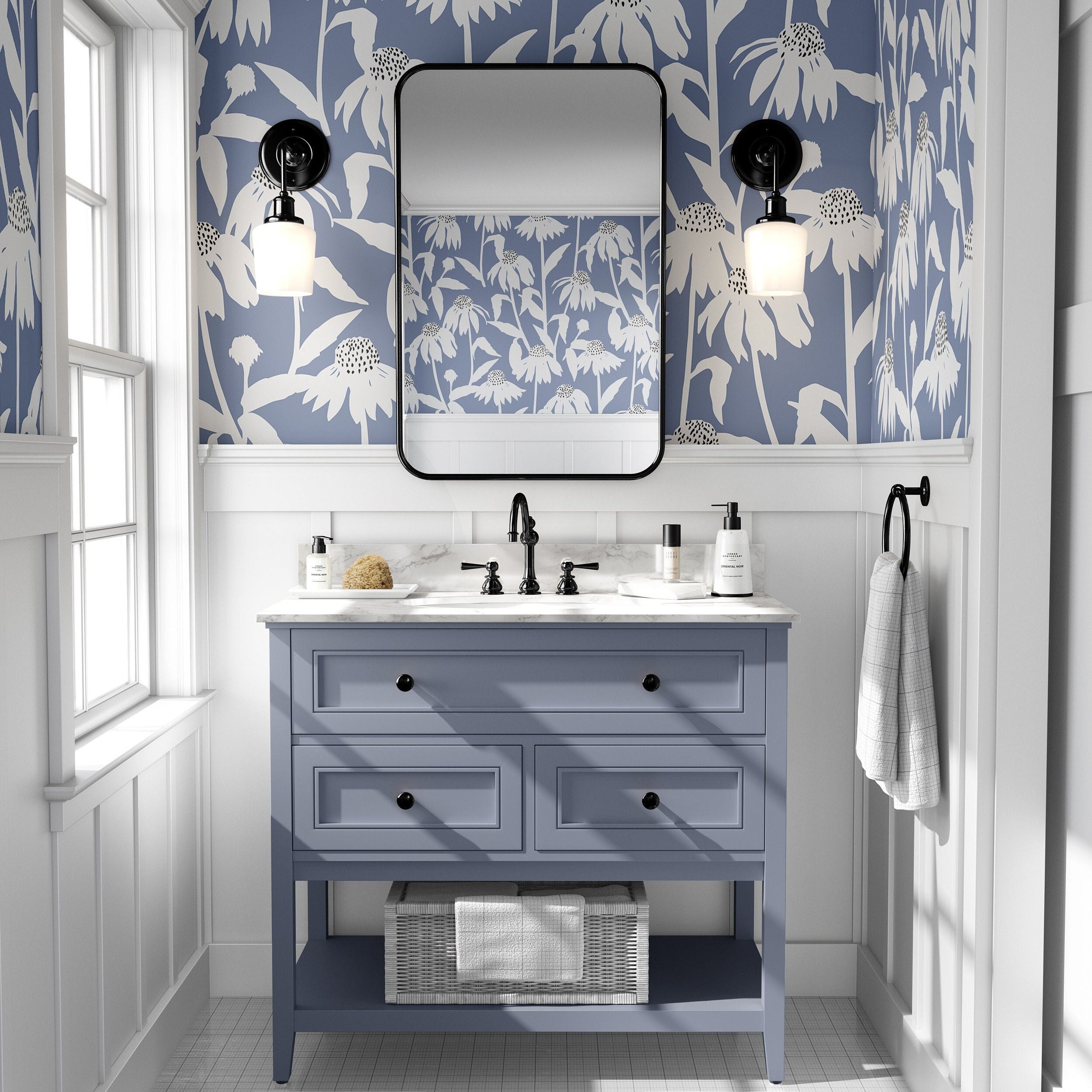 Wallpaper Peel and Stick Wallpaper Blue White Daisy Floral Removable Wallpaper Wall Decor Home Decor Wall Art Room Decor 511