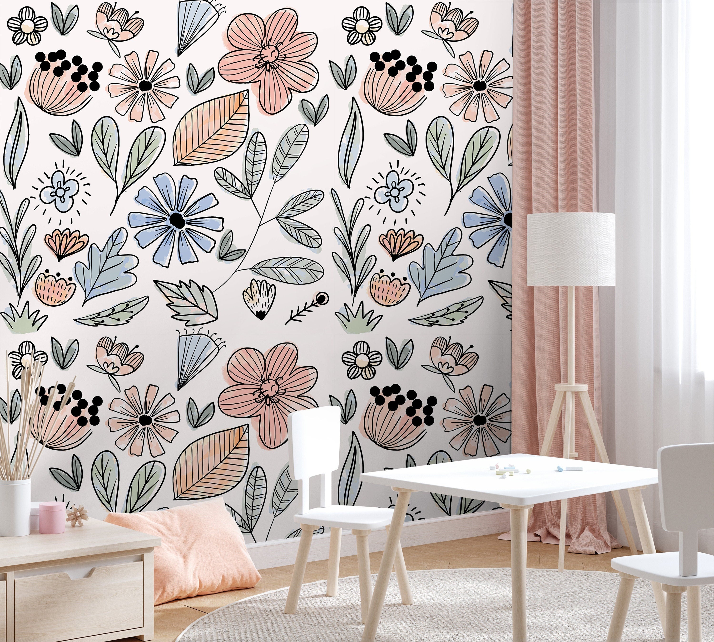 Watercolor Floral Wallpaper | Girls Nursery Wallpaper | Kids Wallpaper | Childrens Wallpaper | Peel Stick Removable Wallpaper | 498