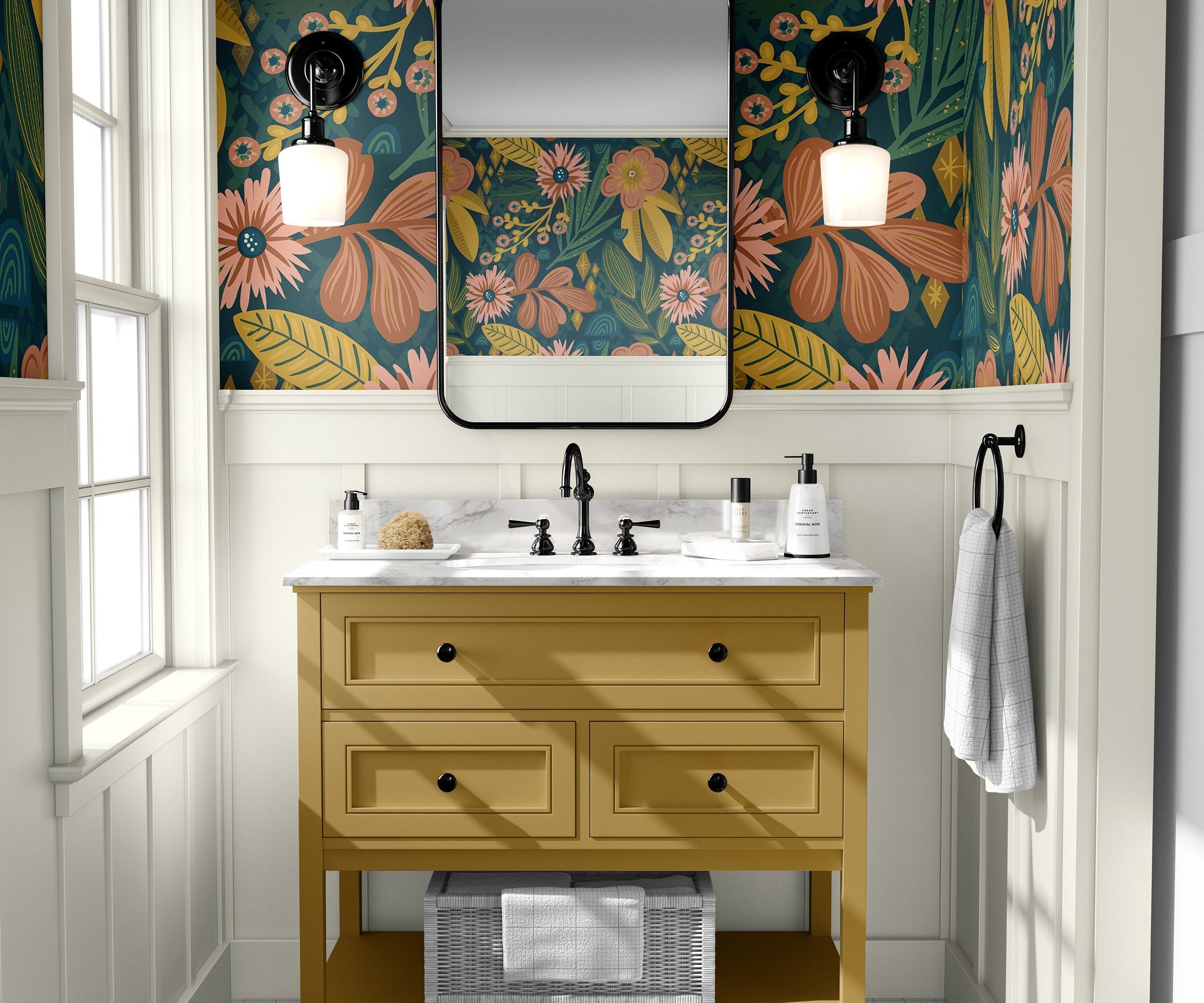 Wallpaper 524: A bold and vibrant wallpaper featuring deep green, gold, and coral florals with a vintage-inspired botanical motif, perfect for a statement wall in bathrooms, living rooms, or eclectic interiors.