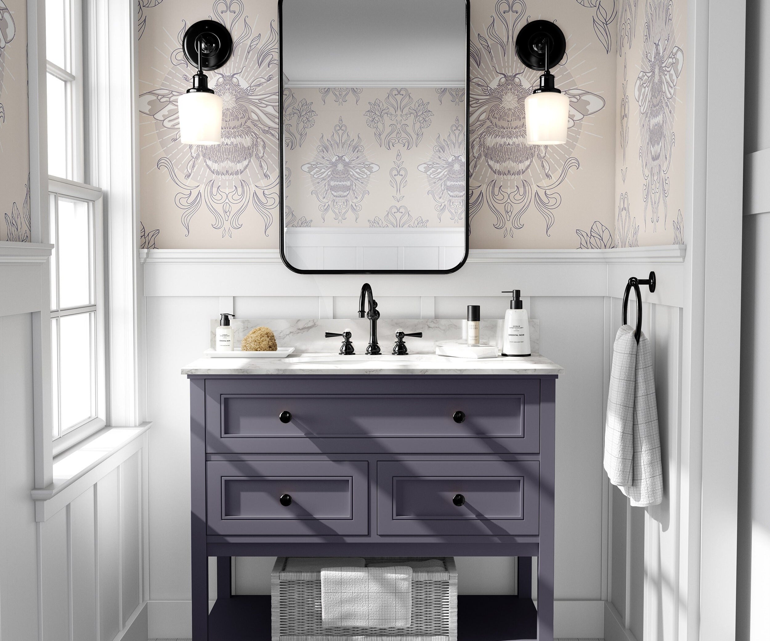 Wallpaper Peel and Stick Wallpaper Damask Bee Gray White and Cream Removable Wallpaper Wall Decor Home Decor Wall Art Room Decor 528 - James And Colors
