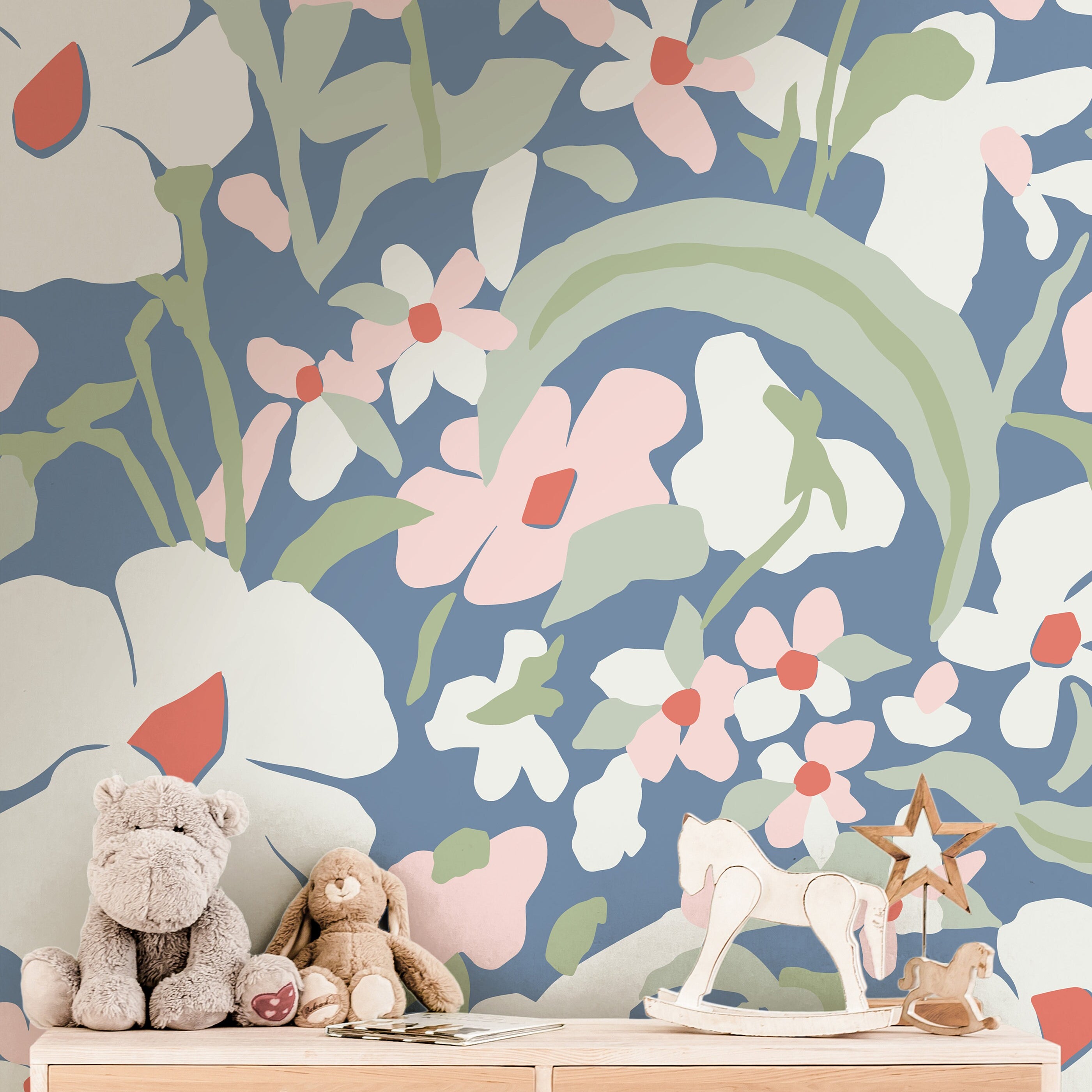 Pink Blue Floral Abstract Wallpaper | Girls Nursery Wallpaper | Kids Wallpaper | Childrens Wallpaper | Peel Stick Removable Wallpaper | 569 - James And Colors