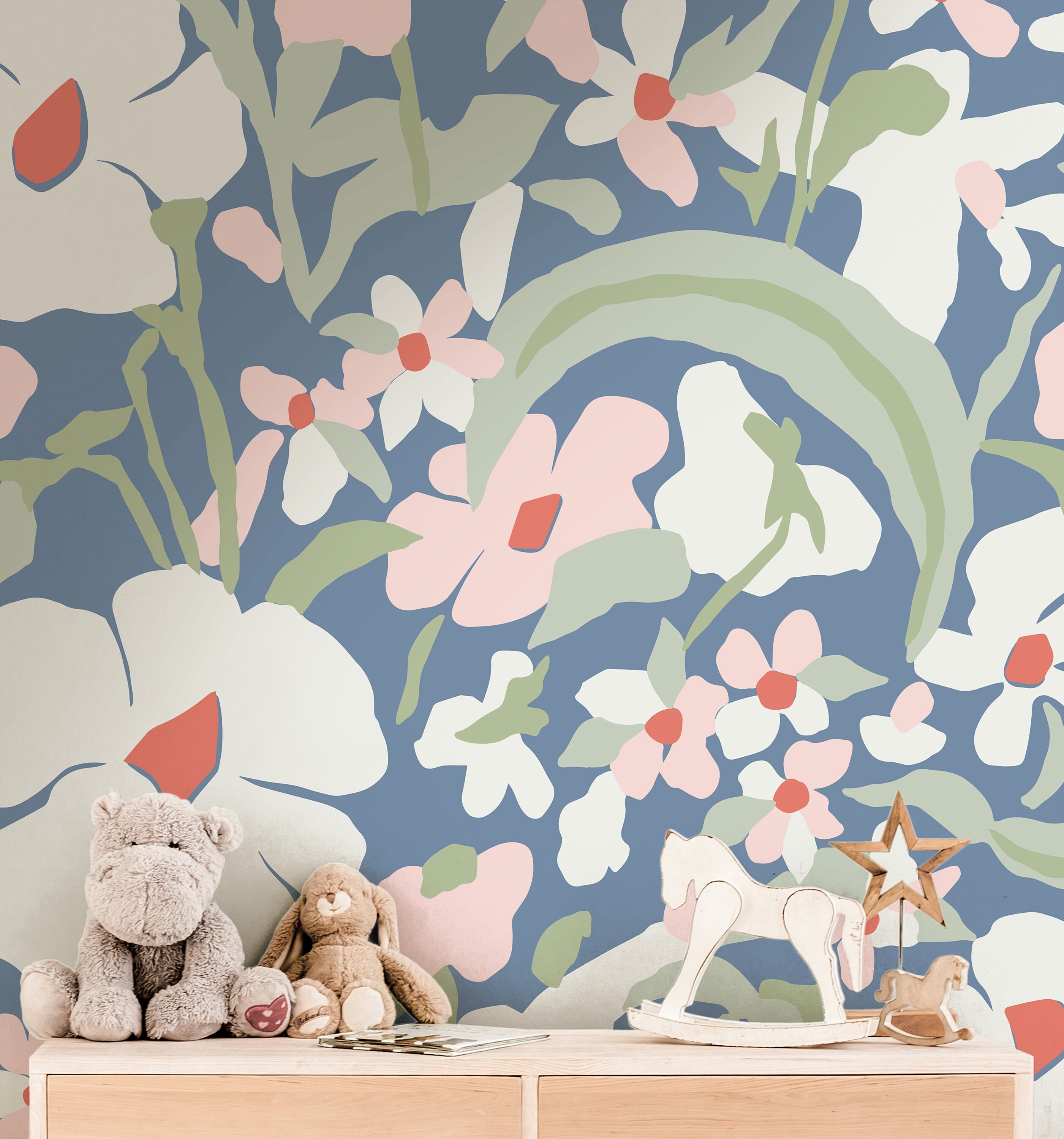 Pink Blue Floral Abstract Wallpaper | Girls Nursery Wallpaper | Kids Wallpaper | Childrens Wallpaper | Peel Stick Removable Wallpaper | 569 - James And Colors