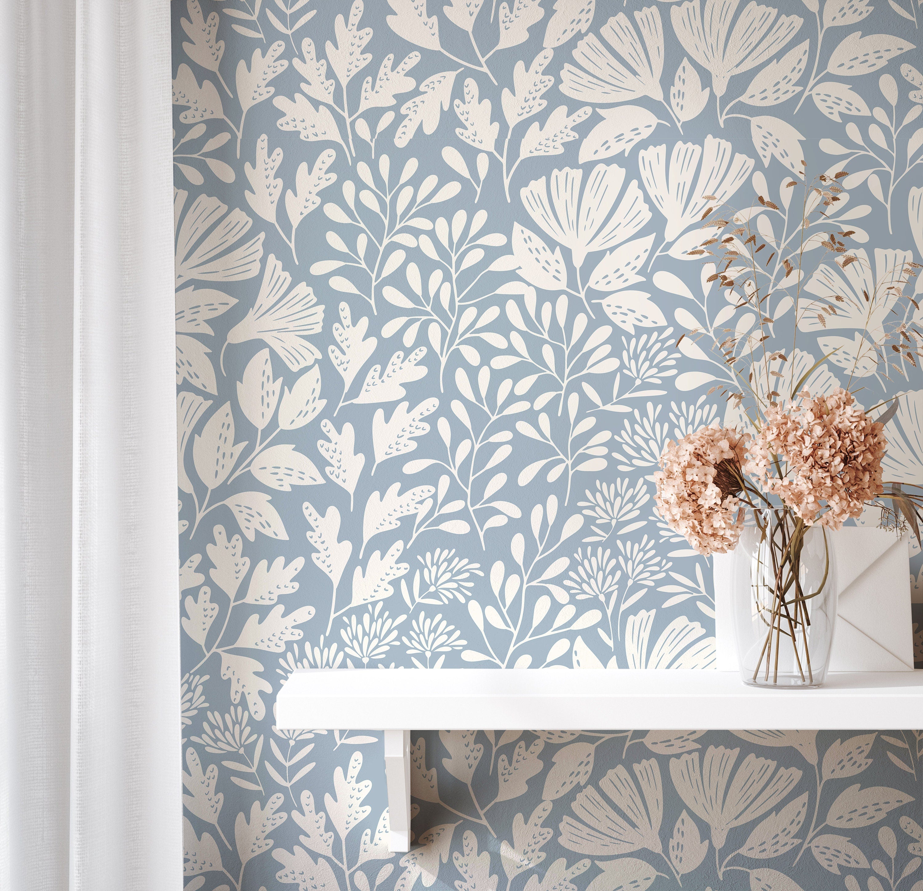 Wallpaper Peel and Stick Wallpaper Light Blue Floral Vintage Cream Removable Wallpaper Wall Decor Home Decor Wall Art Room Decor 584 - James And Colors