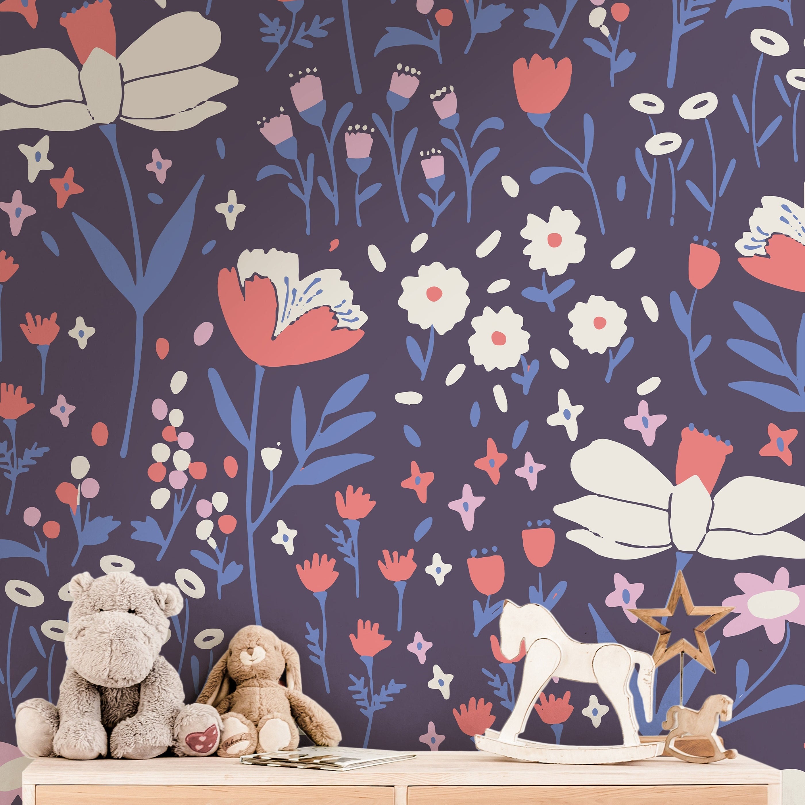 Purple Garden Large Floral Wallpaper | Girls Nursery Wallpaper | Kids Wallpaper | Childrens Wallpaper | Peel Stick Removable Wallpaper | 568
