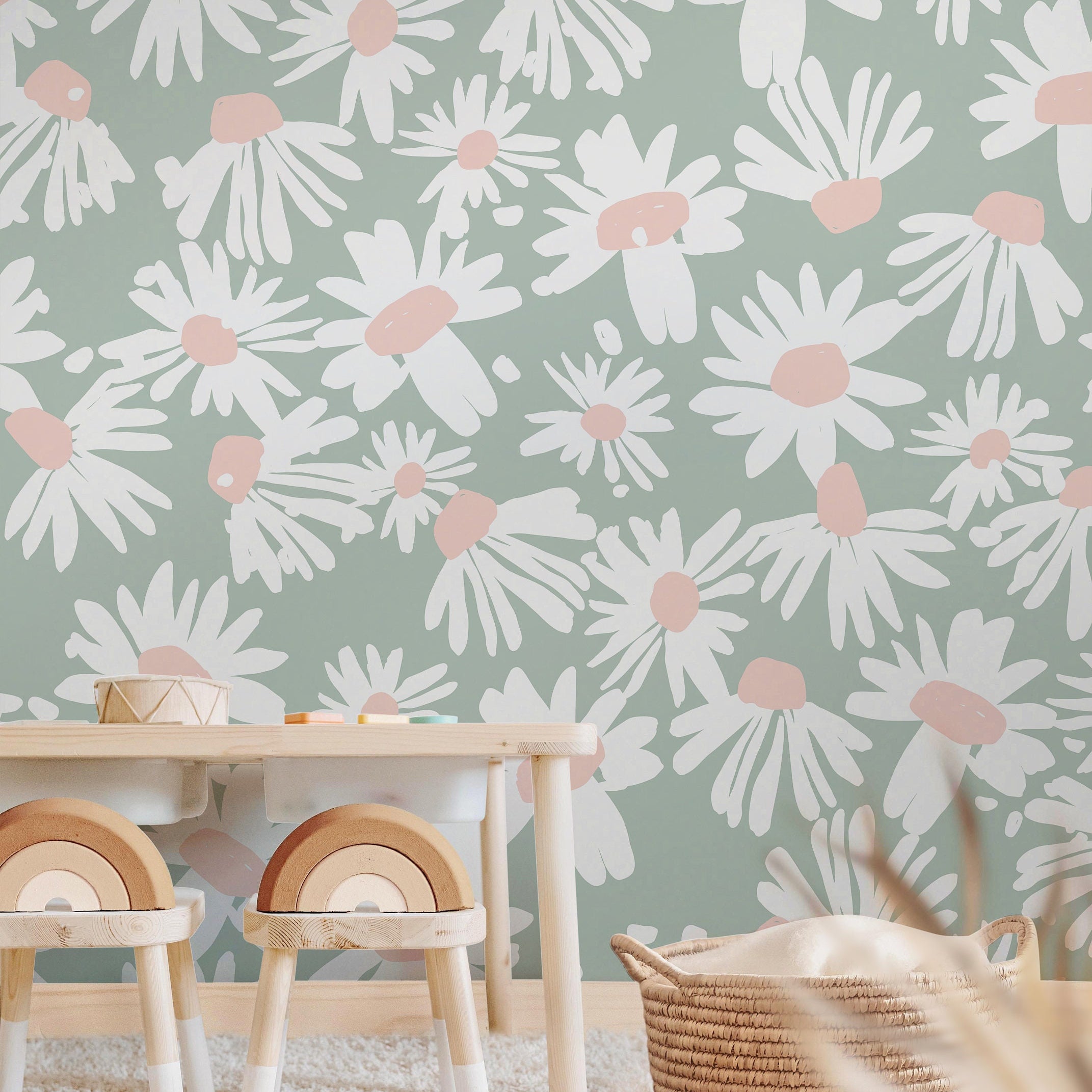 Mint and Pink Floral Wallpaper | Girls Nursery Wallpaper | Kids Wallpaper | Childrens Wallpaper | Peel Stick Removable Wallpaper | 625a - James And Colors