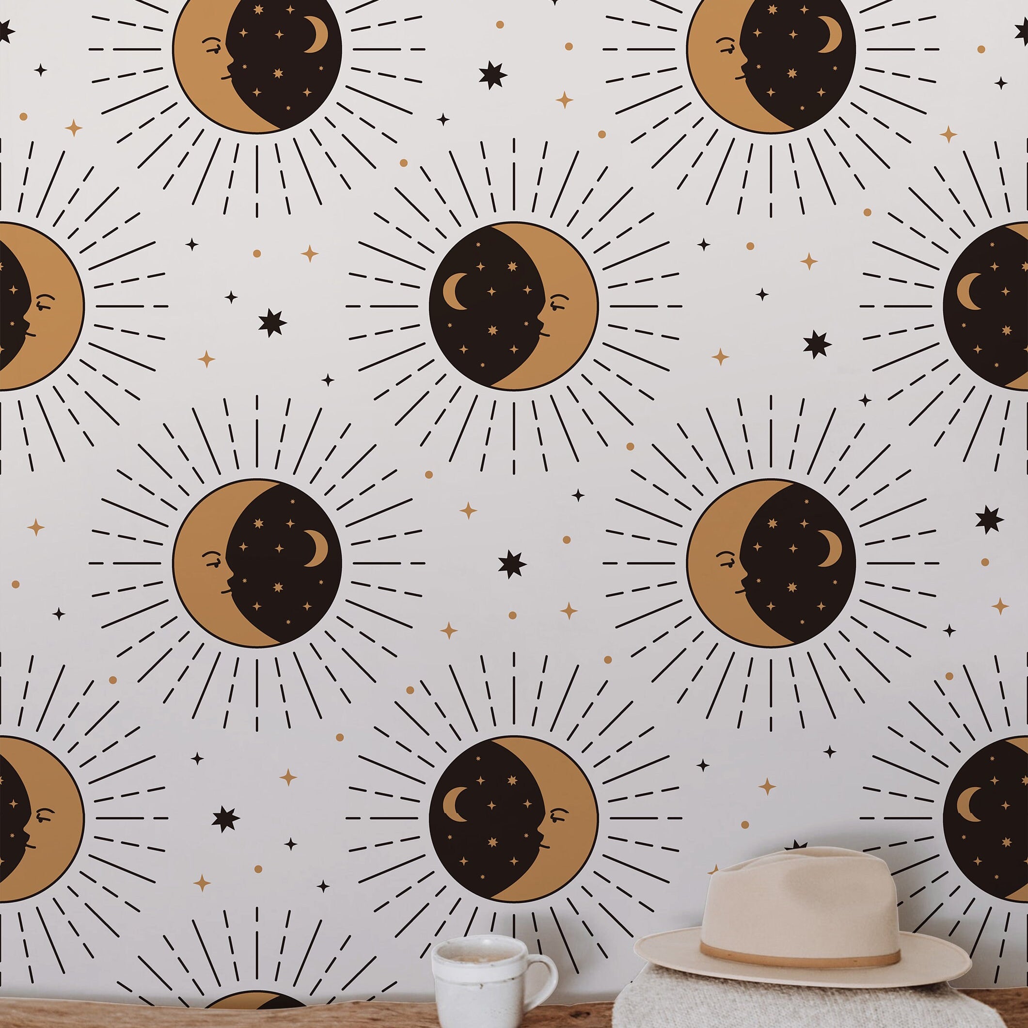 Celestial Moon Sun Wallpaper Peel and Stick Wallpaper Removable Wallpaper Wall Decor Home Decor Wall Art Printable Wall Art Room Decor 585A - James And Colors