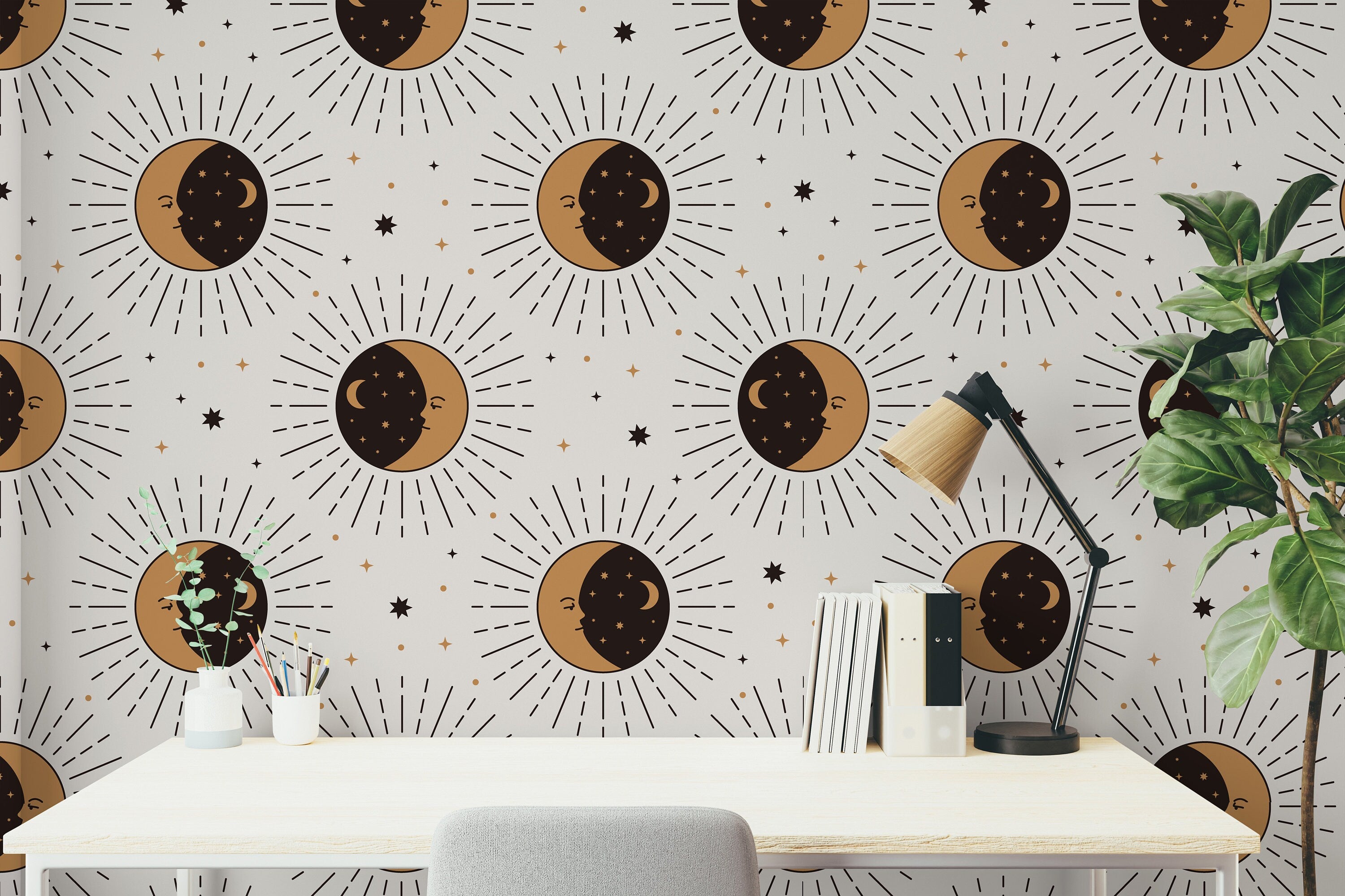 Celestial Moon Sun Wallpaper Peel and Stick Wallpaper Removable Wallpaper Wall Decor Home Decor Wall Art Printable Wall Art Room Decor 585A - James And Colors