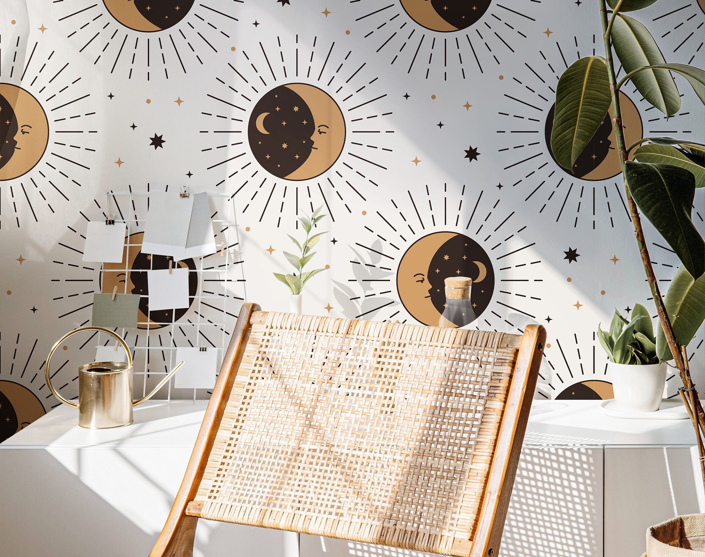 Celestial Moon Sun Wallpaper Peel and Stick Wallpaper Removable Wallpaper Wall Decor Home Decor Wall Art Printable Wall Art Room Decor 585A - James And Colors