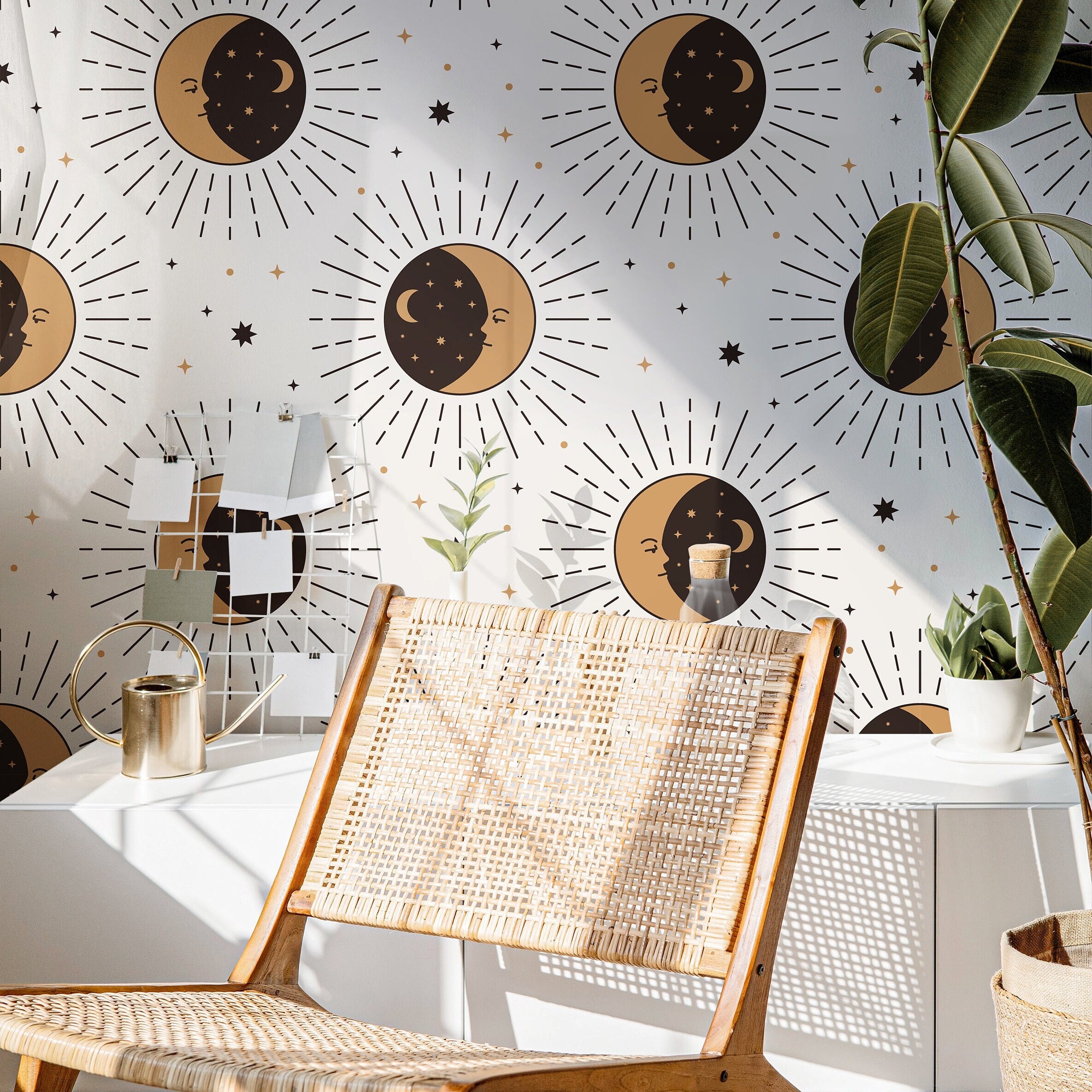 Celestial Moon Sun Wallpaper Peel and Stick Wallpaper Removable Wallpaper Wall Decor Home Decor Wall Art Printable Wall Art Room Decor 585A - James And Colors