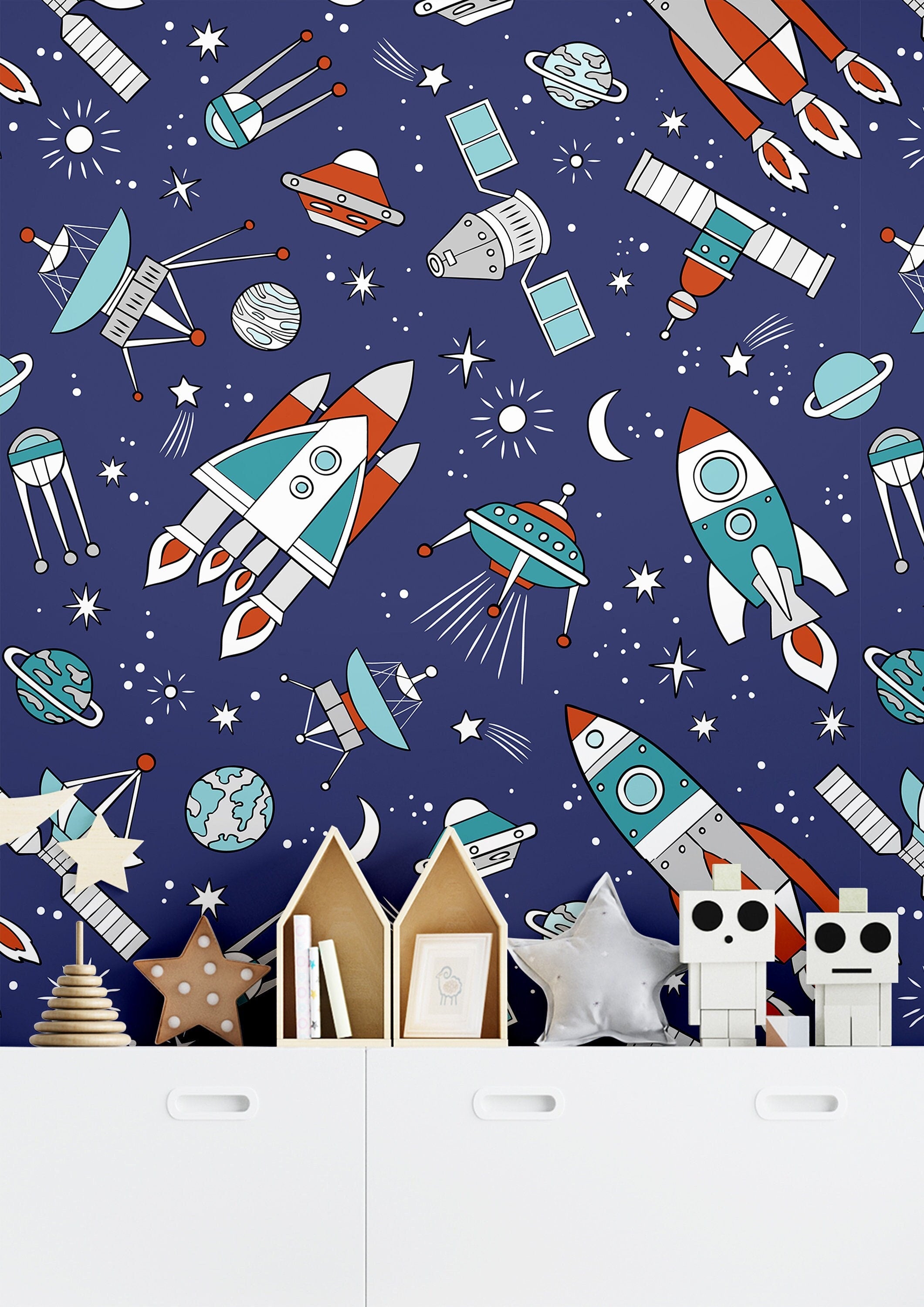 Removable Blue Space Wallpaper | Boys Nursery Wallpaper | Kids Wallpaper | Childrens Wallpaper | Peel Stick Wallpaper | Boys Room | 560A - James And Colors