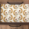 Contact Paper 1555: Drawer lined with contact paper featuring repeating crescent moons in golden ochre tones, decorated with red flowers and green foliage on a creamy background in a boho celestial style.