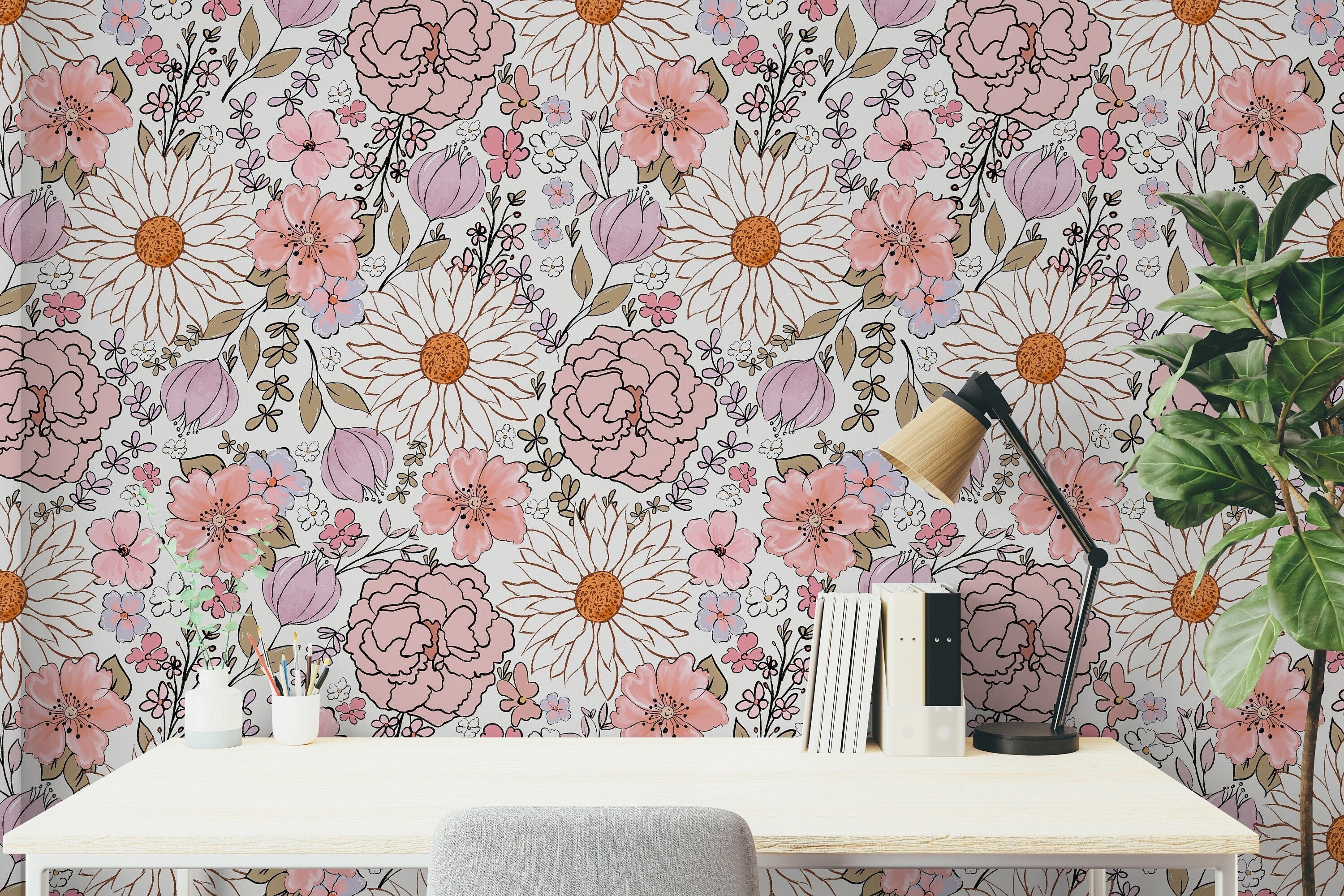 Wallpaper Peel and Stick Wallpaper Vintage Pink Boho Floral Floral Rem ...