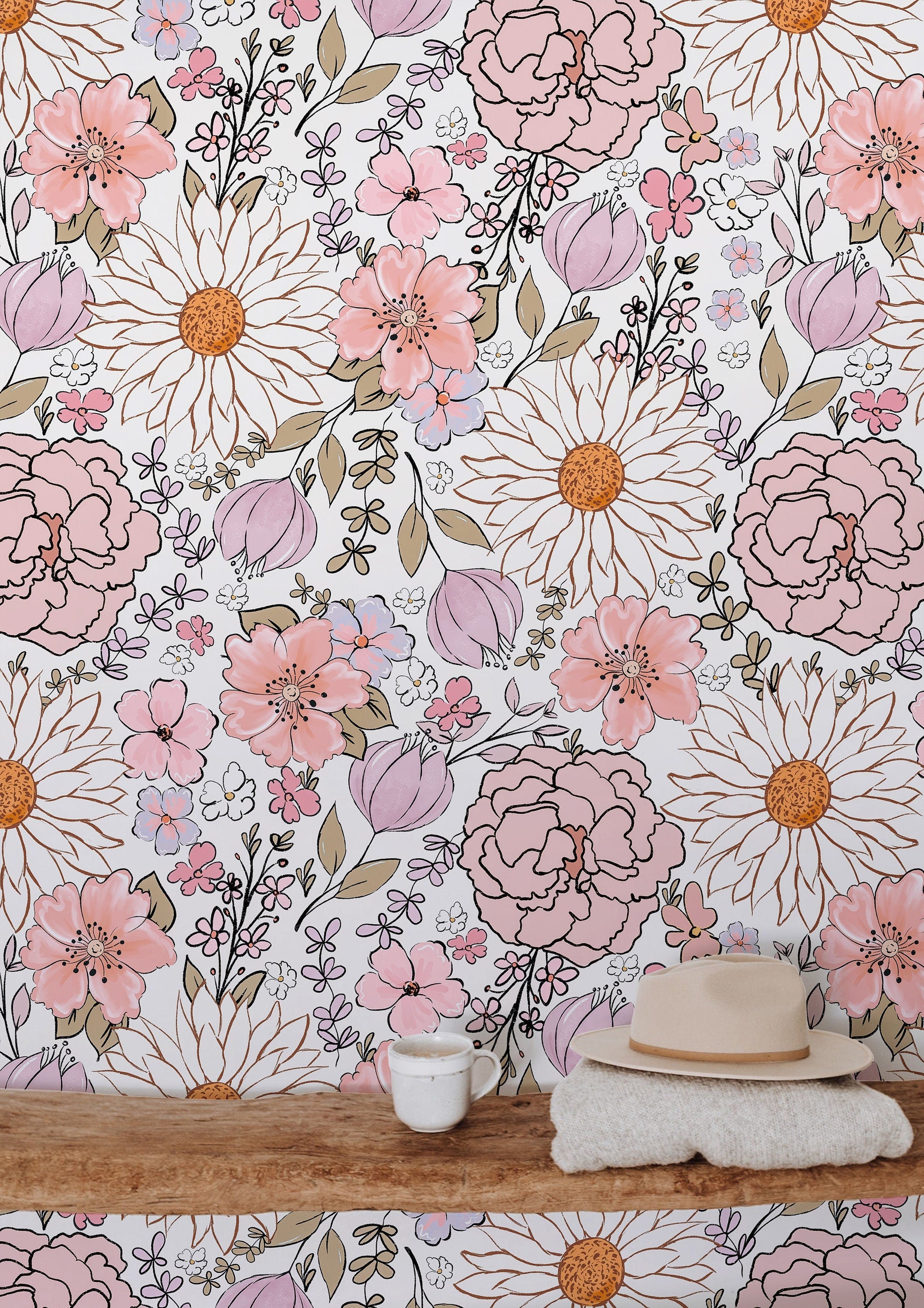 Wallpaper Peel and Stick Wallpaper Vintage Pink Boho Floral Floral Rem