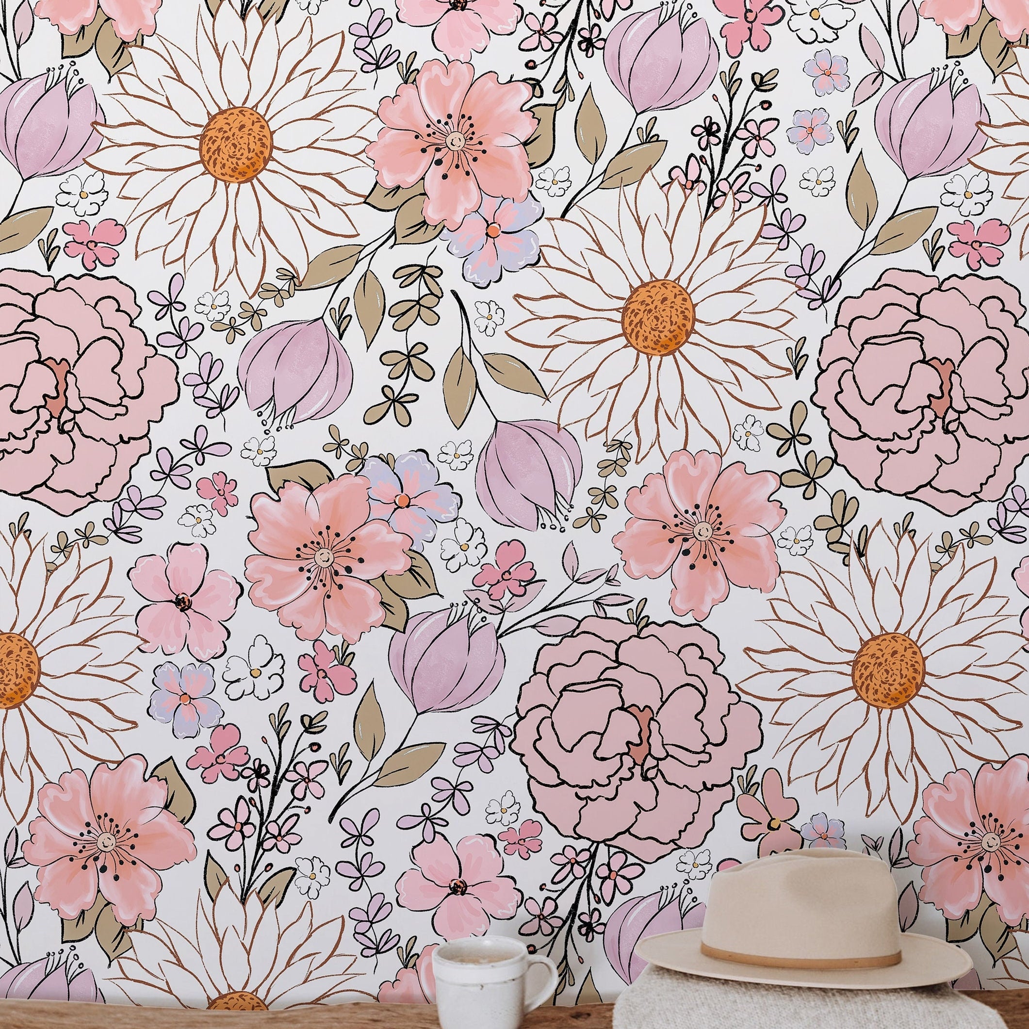 Wallpaper Peel and Stick Wallpaper Vintage Pink Boho Floral Floral Removable Wallpaper Wall Decor Home Decor Wall Art Room Decor 557a - James And Colors