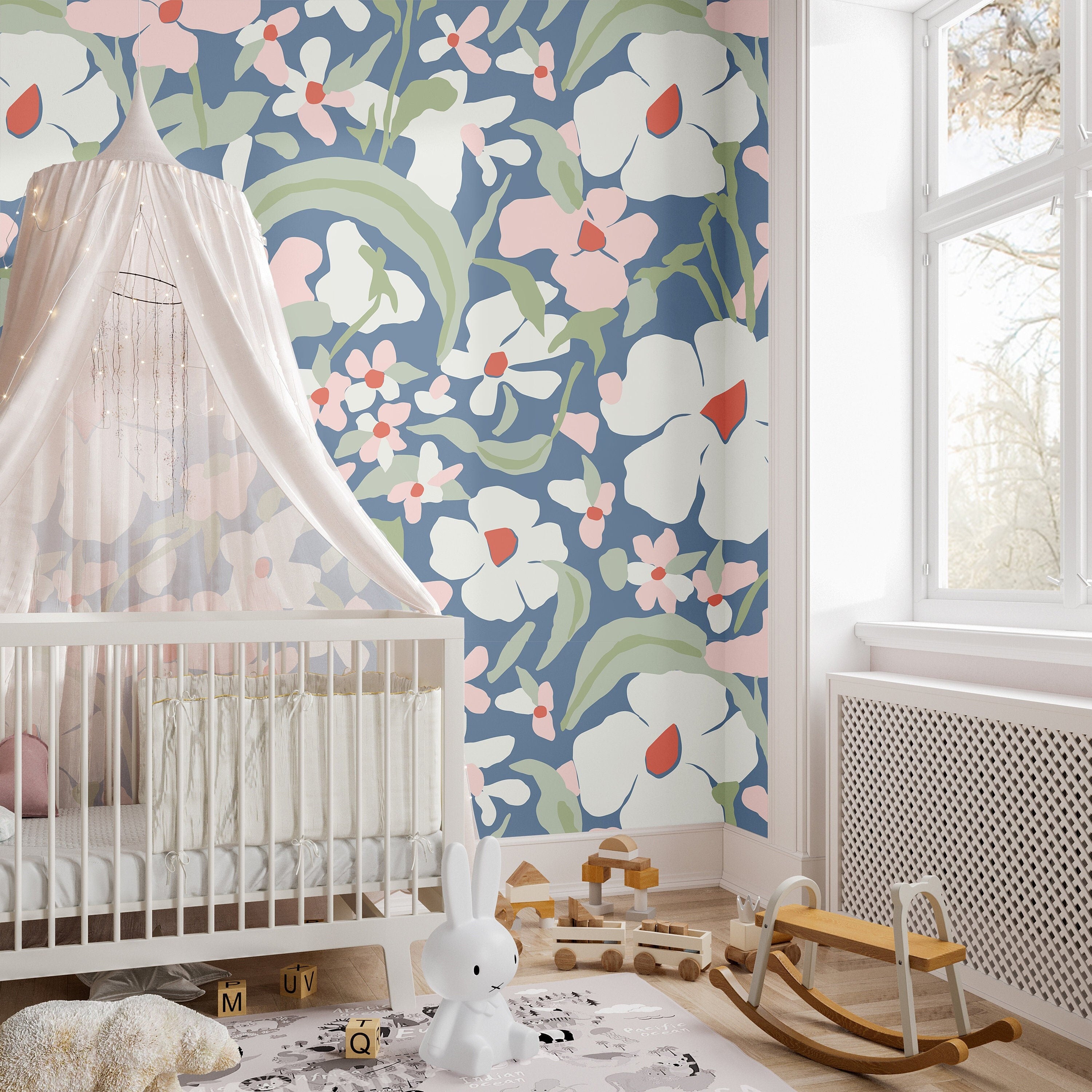 Pink Blue Floral Abstract Wallpaper | Girls Nursery Wallpaper | Kids Wallpaper | Childrens Wallpaper | Peel Stick Removable Wallpaper | 569 - James And Colors