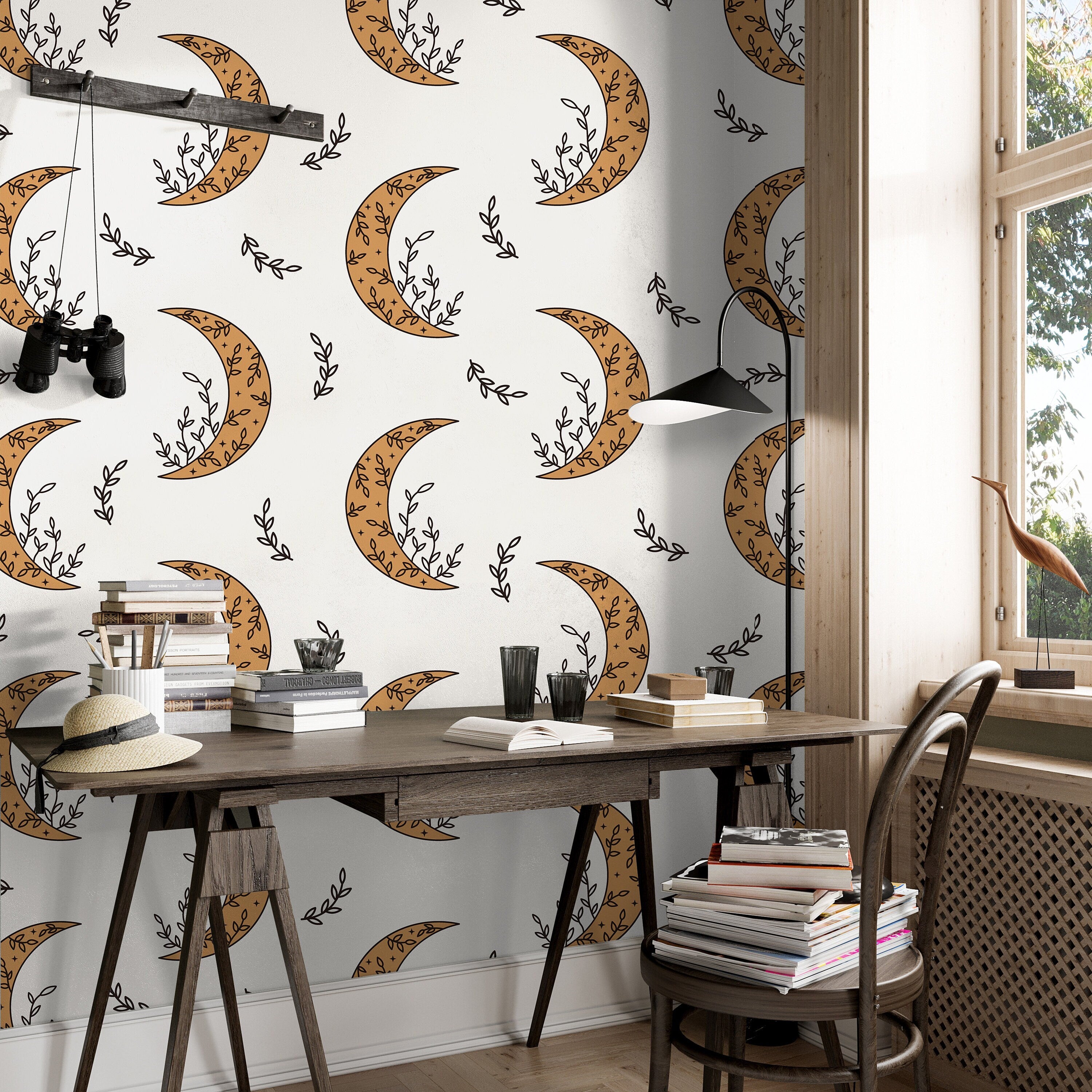 Wallpaper Peel and Stick Wallpaper Boho Celestial Moon Floral Pattern Removable Wallpaper Wall Decor Home Decor Wall Art Room Decor 592a - James And Colors