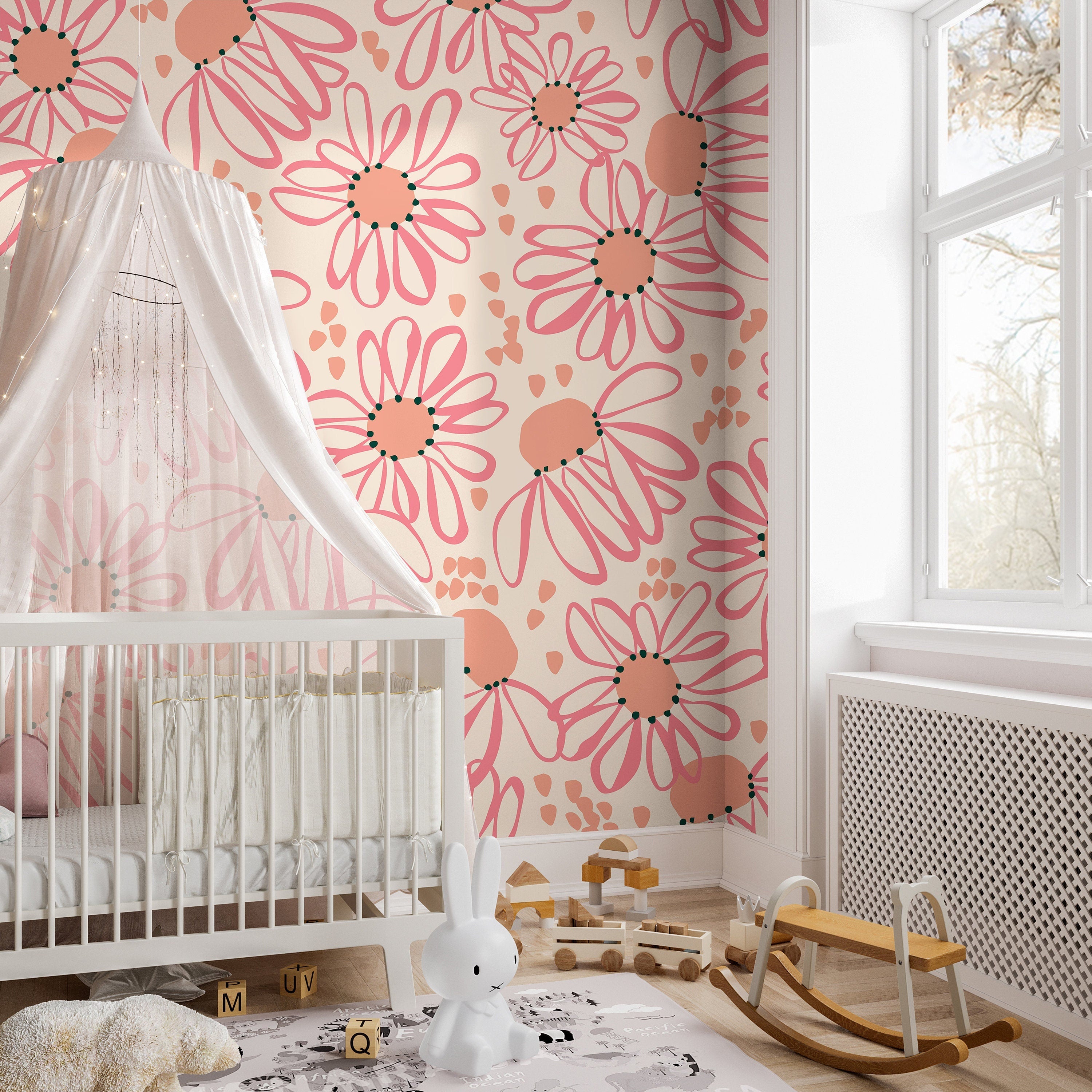 Large Pink Floral Wallpaper | Girls Nursery Wallpaper | Kids Wallpaper | Childrens Wallpaper | Peel Stick Removable Wallpaper | 626a - James And Colors