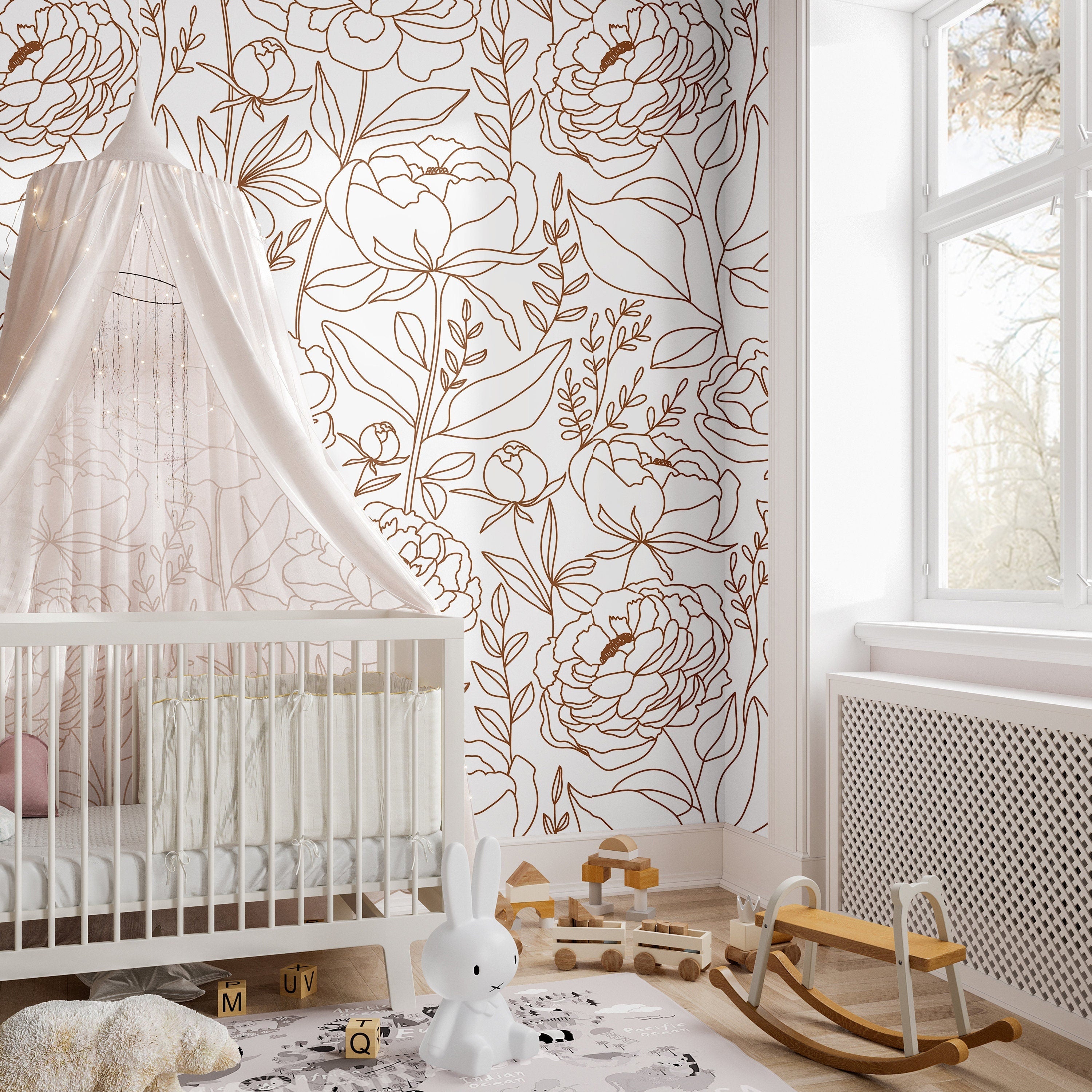 Large Floral Outline Wallpaper | Girls Nursery Wallpaper | Kids Wallpaper | Childrens Wallpaper | Peel Stick Removable Wallpaper | 573a - James And Colors