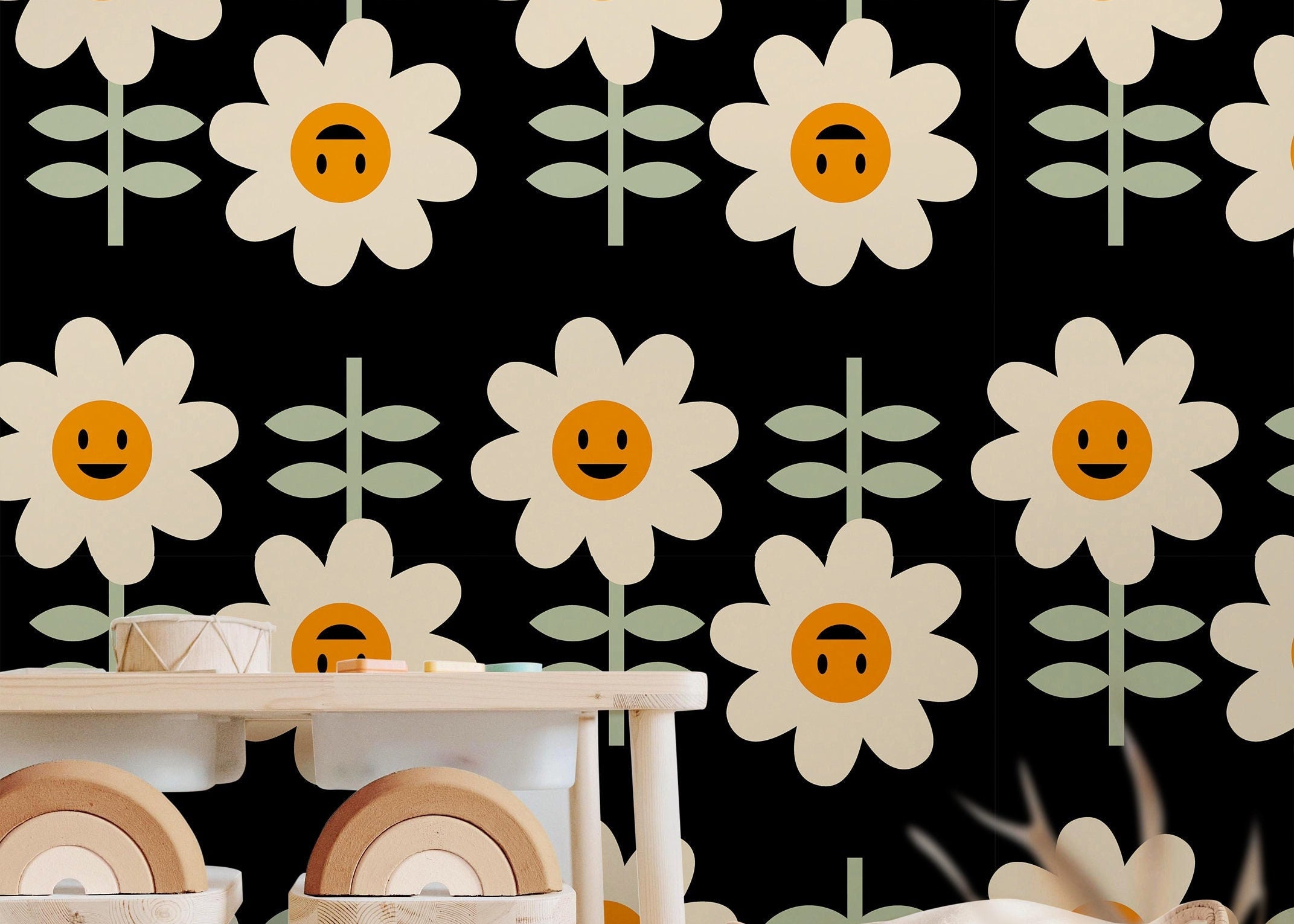 Happy Flowers Black Wallpaper | Girls Nursery Wallpaper | Kids Wallpaper | Childrens Wallpaper | Peel Stick Removable Wallpaper | 634A - James And Colors