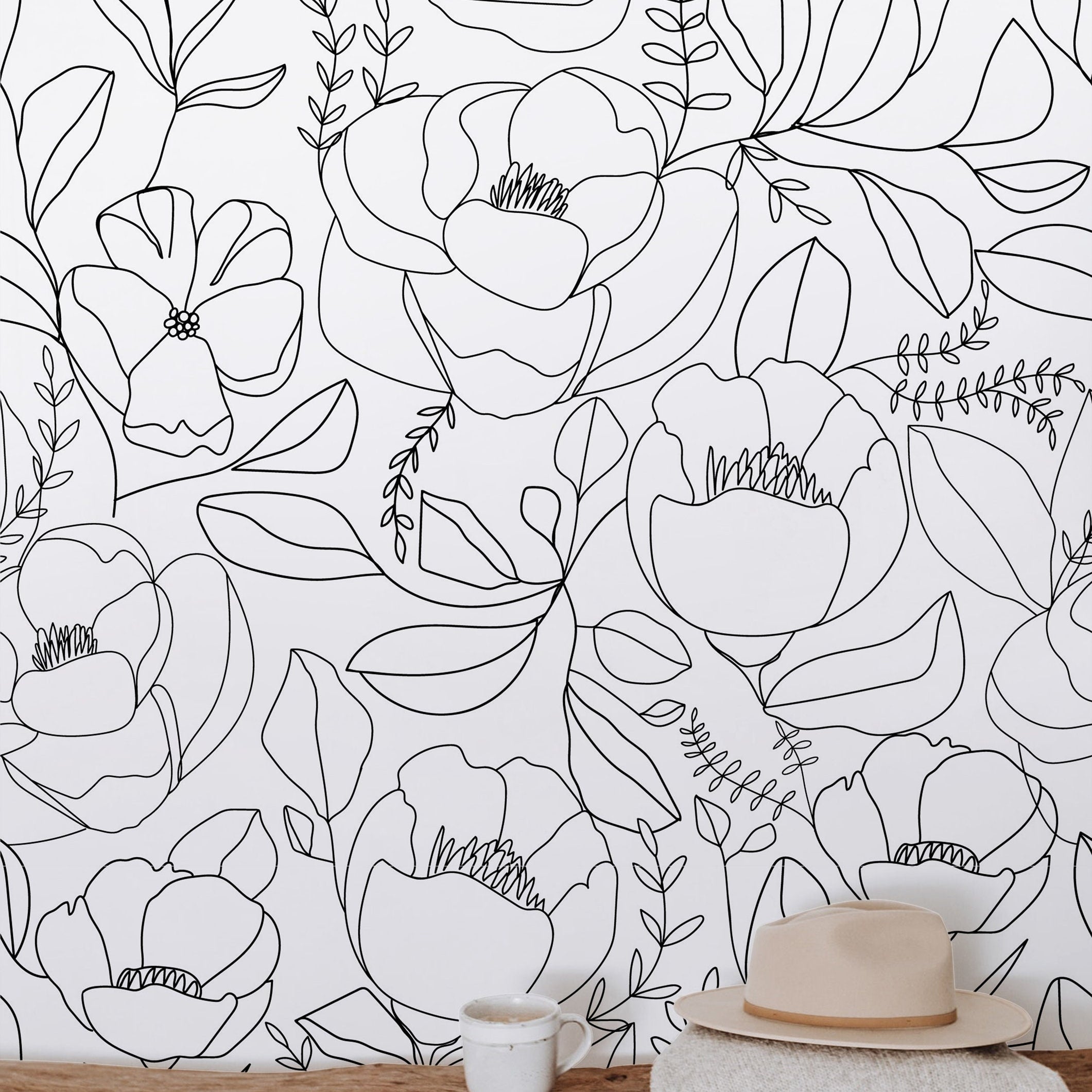 Blackline Blooms | Neutral Floral Removable Wallpaper for Entryway, Bedroom, Doors, Walls, DIY Home Decor 646a - James And Colors