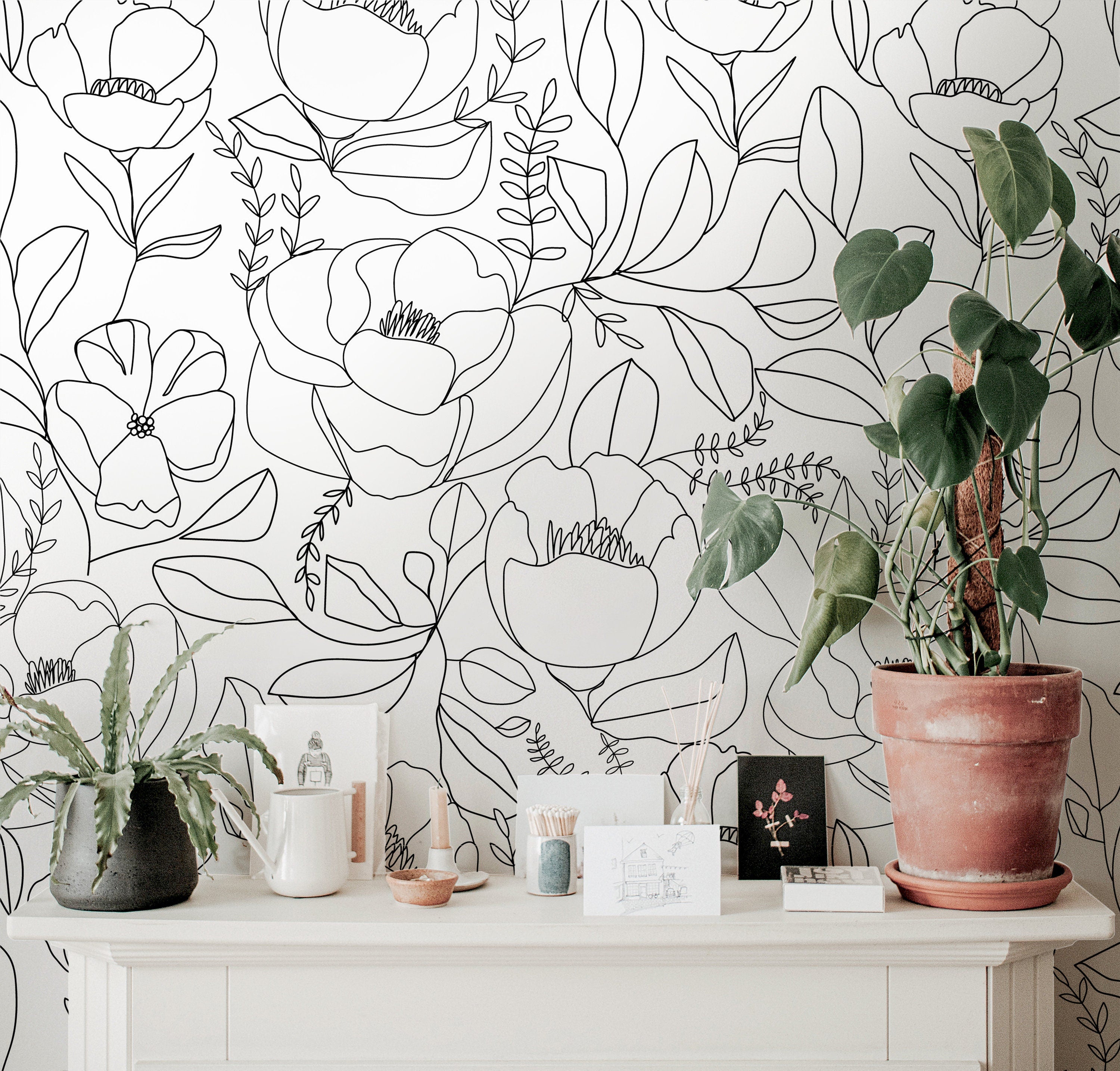 Wallpaper Peel and Stick Wallpaper Cream Floral Outline Minimalist  Removable Wallpaper Wall Decor Home Decor Wall Art Room Decor 3910  JamesAndColors