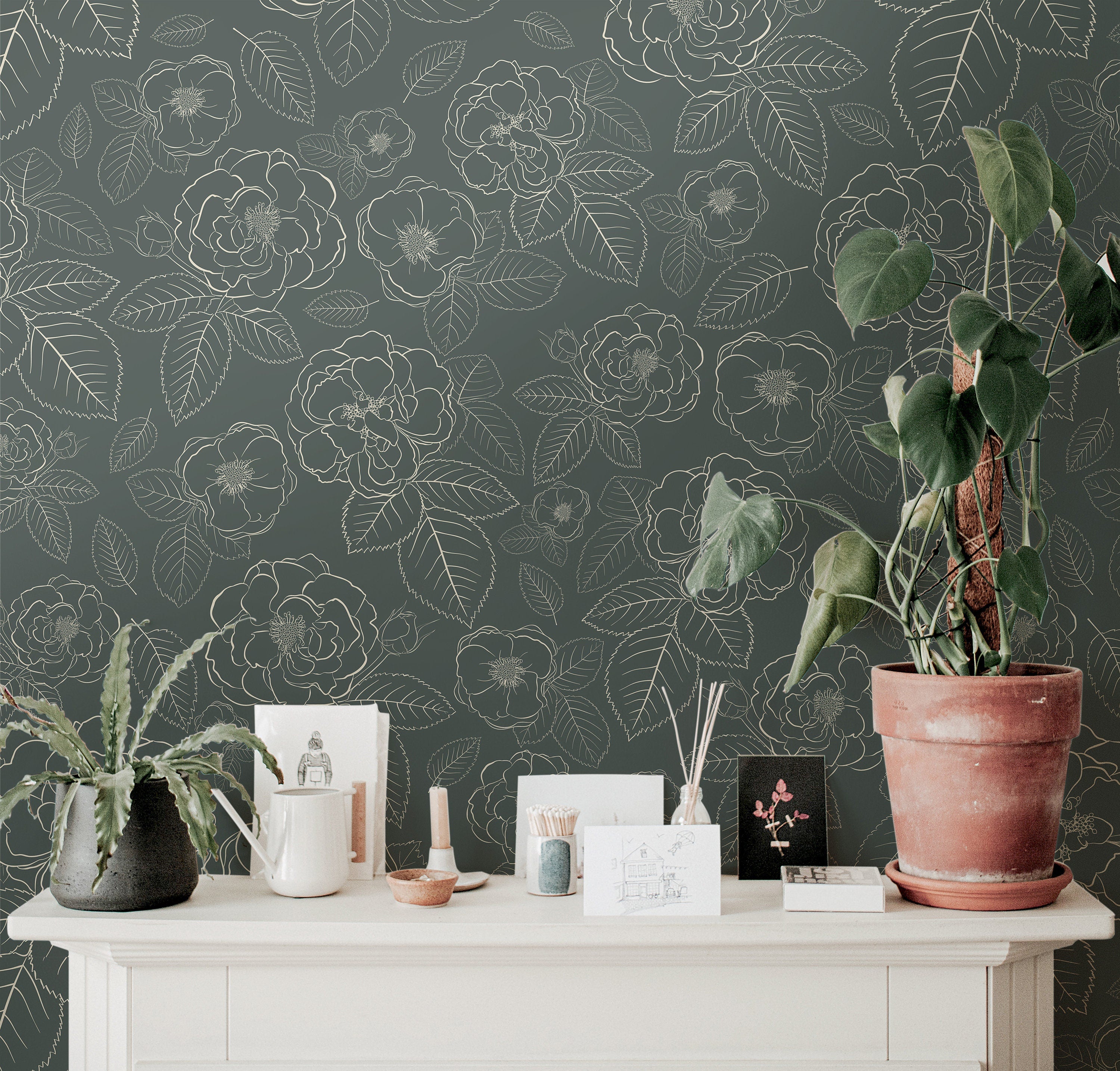Wallpaper Peel and Stick Wallpaper Dark Green Floral Outline Removable Wallpaper Wall Decor Home Decor Wall Art Room Decor 649 - James And Colors